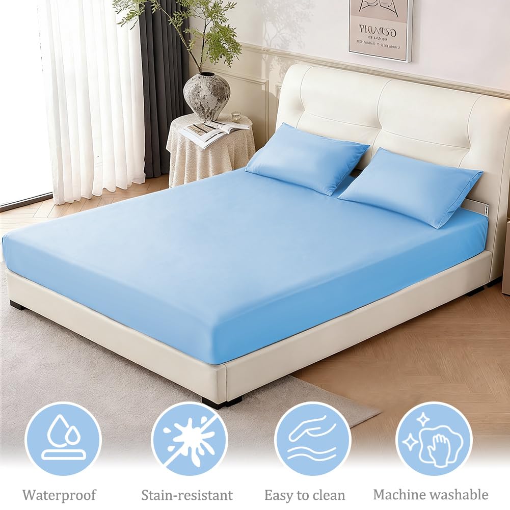 DUJUIKE Coprimaterasso Impermeabile, Lenzuolo Con Angoli Impermeabile, Tasca Profonda, Adatto Per Materassi Da 20-40 Cm, Adatto Per Gatti, Cani, Bambini, Ipoallergenico(Blu Celest,180x200cm)