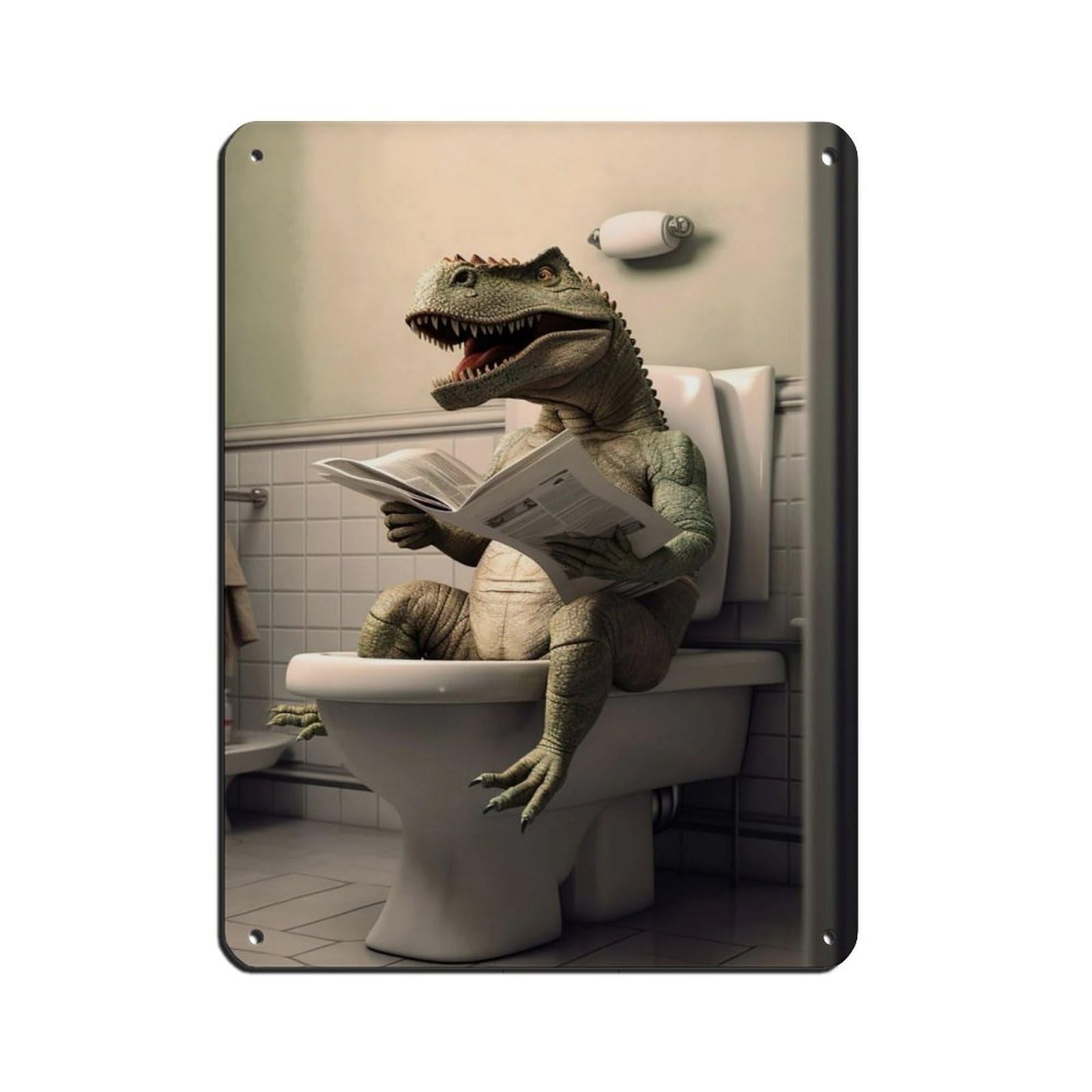 T-Rex Sitting on The Toilet Reading A Newspaper Retro Poster Metal Tin Sign Chic Art Retro Iron Painting Bar People Cave Cafe Family Garage Poster Wall Decoration 12x16inch(30x40cm)