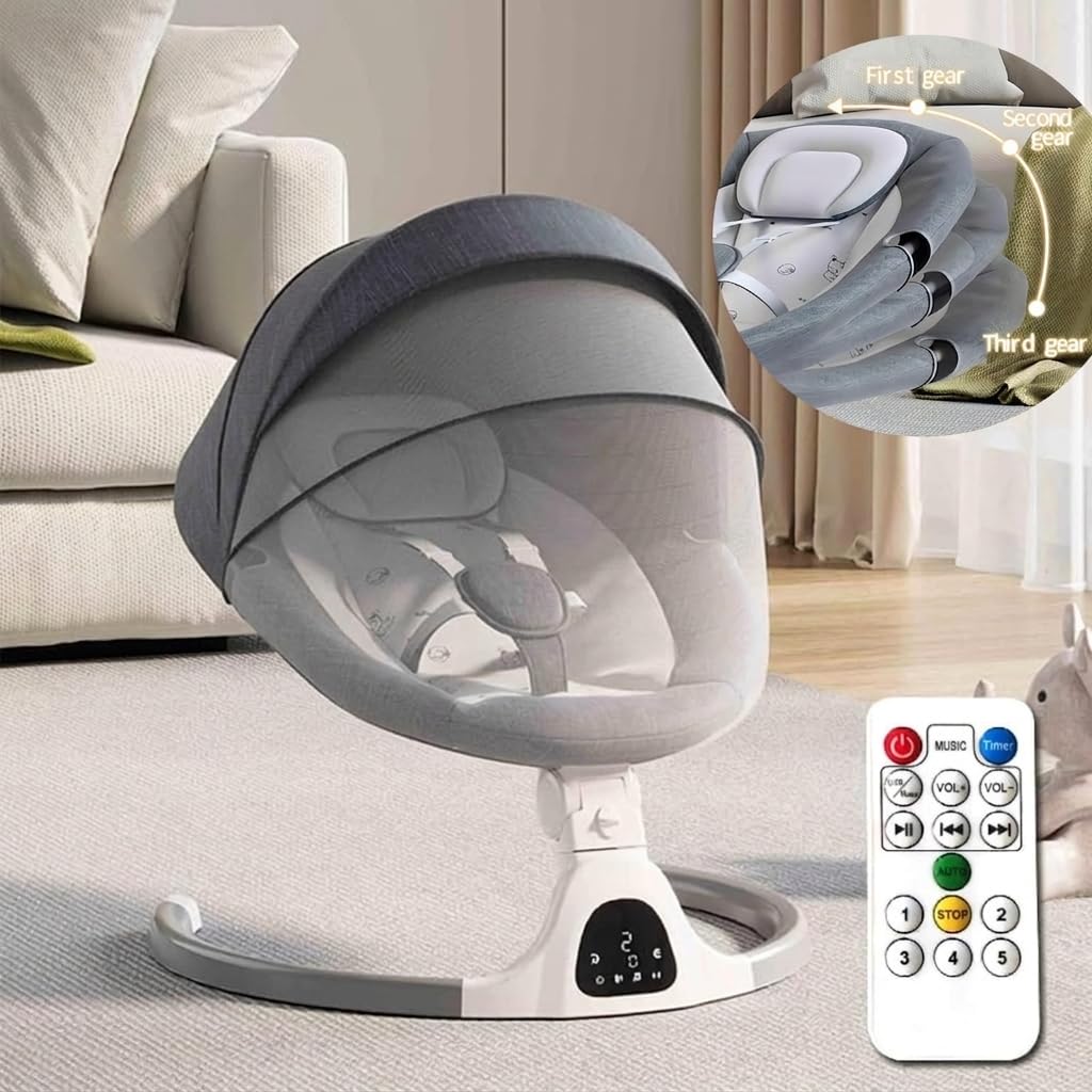 Ajustable Altura Baby Swings Bluetooth, altavoz de música de 5 velocidades con 12 canciones de cuna preestablecidas, control remoto para bebés de 5 a 20 meses, juegos de regalo para bebés (gris)