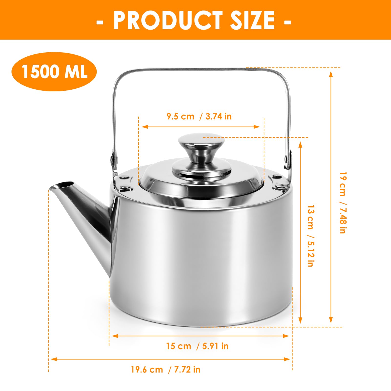 1.5l Teekanne Edelstahl, Wasserkessel Gasherd Induktion mit Sieb Teekessel Wasserkessel Camping, Edelstahl Teekessel für Elektroherd und Gasherd für Filterkaffee, French Press, Teekocher