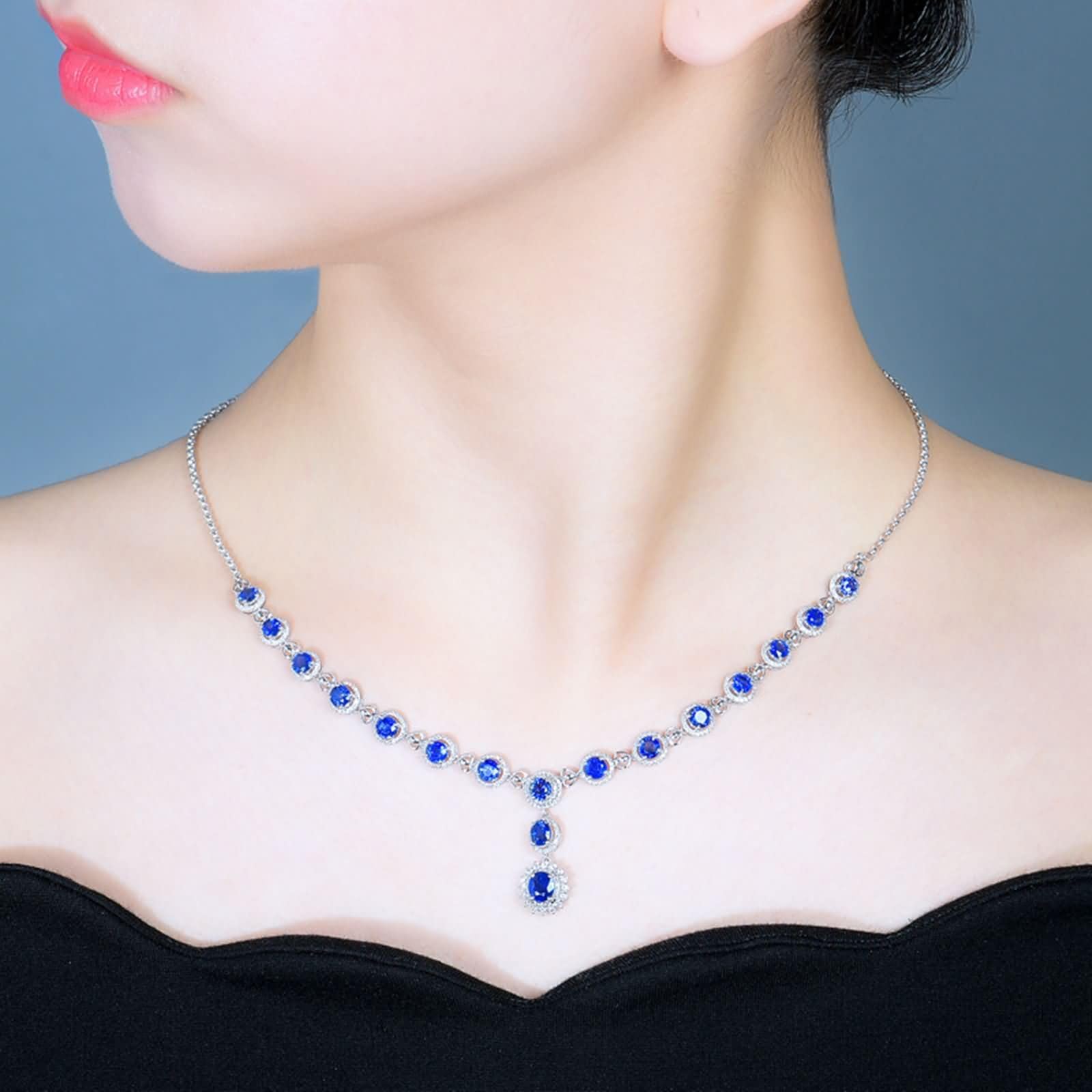 Catena Collana Oro Bianco 18 Carati Donna,Catene Collane Rotondo con Zaffiro Sintetico 7,3 ct Catena Collana Donna Blu Argento