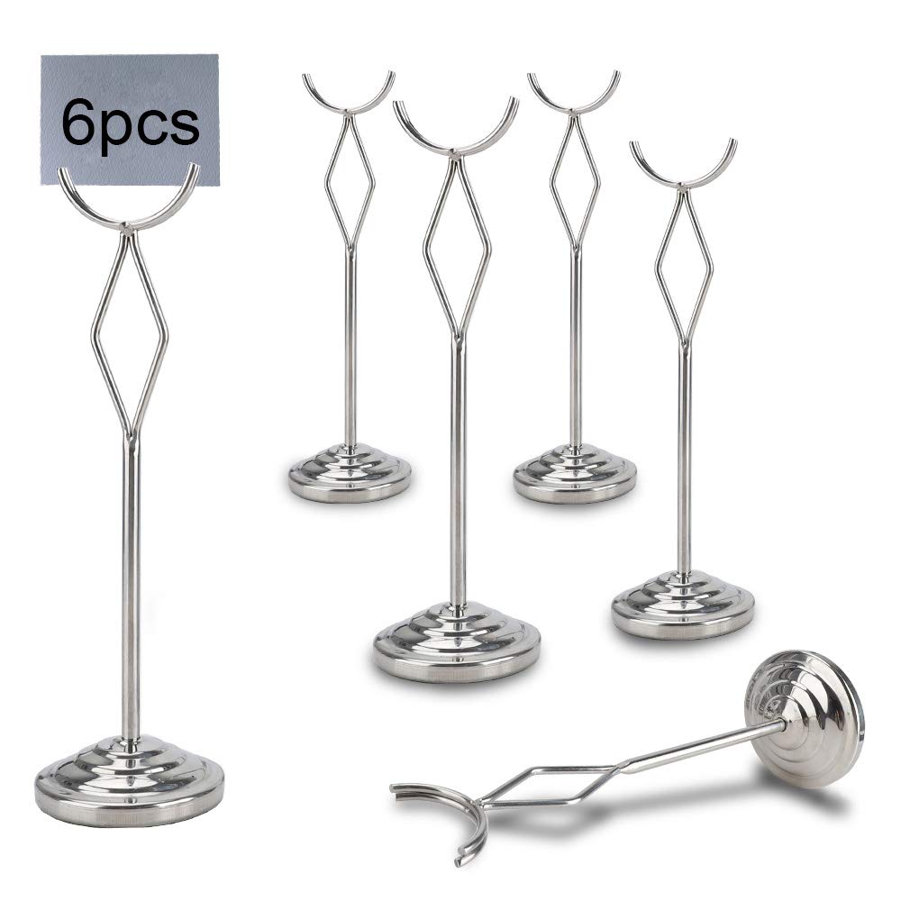 Jekkis Table Number Holder, 6 Pack 8 Inch Place Card Holder Table Number Stand with Heavy Base for Restaurants, Weddings, Banquets(Silver)