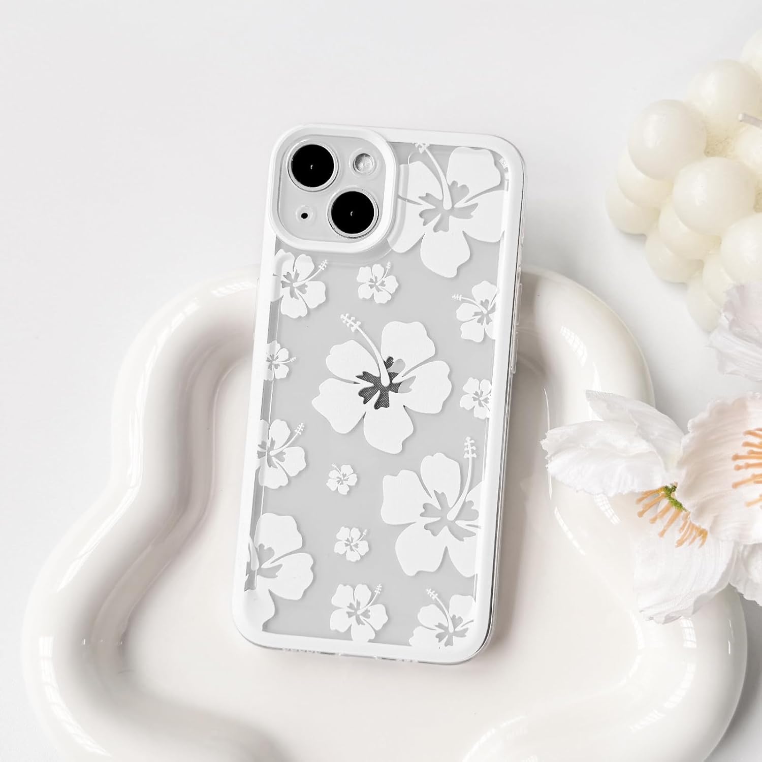 Lovmooful Compatible for iPhone 14 Case Clear Cute Floral Flower Hibiscus with Color Edge Design for Girls Women Soft TPU Shockproof Protective Girly for iPhone 14 Case-White - Image 2