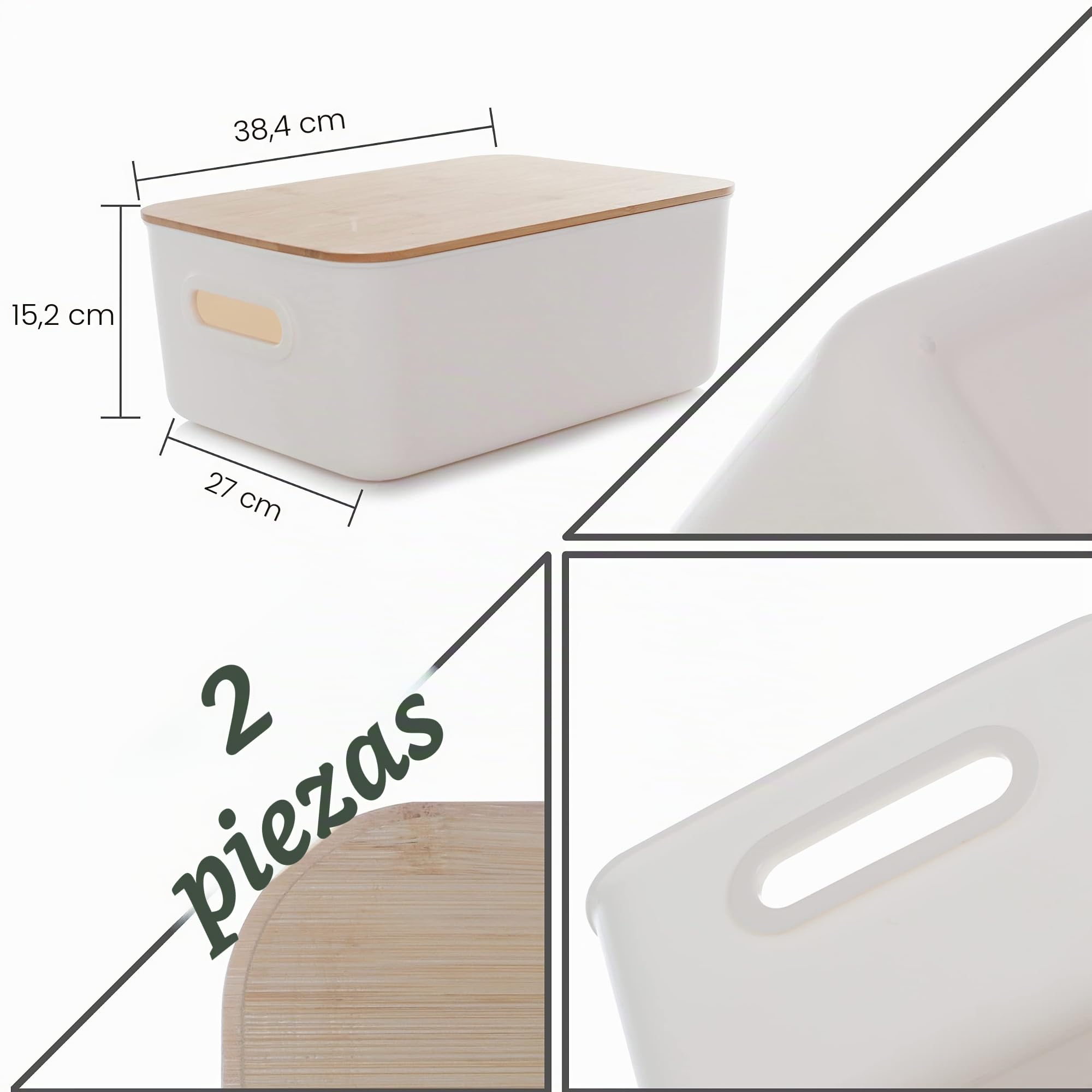 Caja de almacenamiento con tapa de bambú, 2 unidades, caja de almacenamiento de plástico blanca, para organización, apilable, con asa, para cocina, baño, 28,5 x 27,1 x 15,2 cm, 13 L
