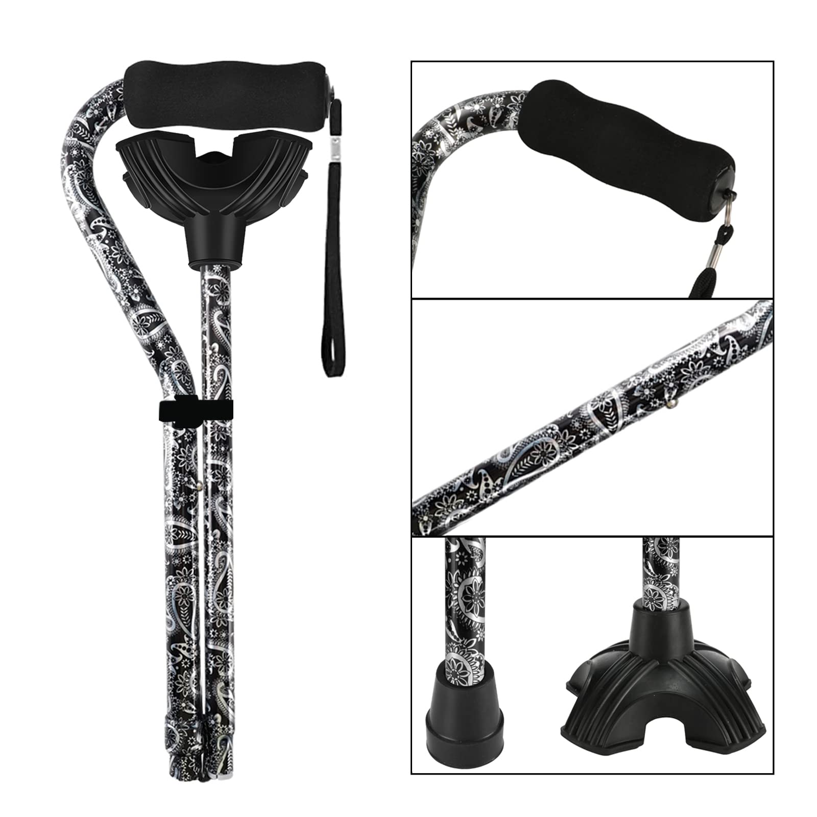 'YOKABOZE Walking Cane for Women & Men, Folding Cane Lightweight with Offset Handle, Adjustable Walking Stick for Seniors Mobility Balance, Small Base, 32-37'' Flower'