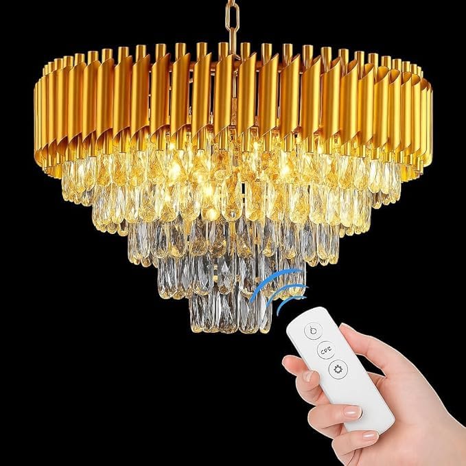 Image of Modern Ceiling Lamp 5-Tier Round Crystal Chandelier for Living Room | Bluetooth Remote Control and Moving Round| Speaker+ Multi Color LED Light (Remote Full Gold, 600MM)