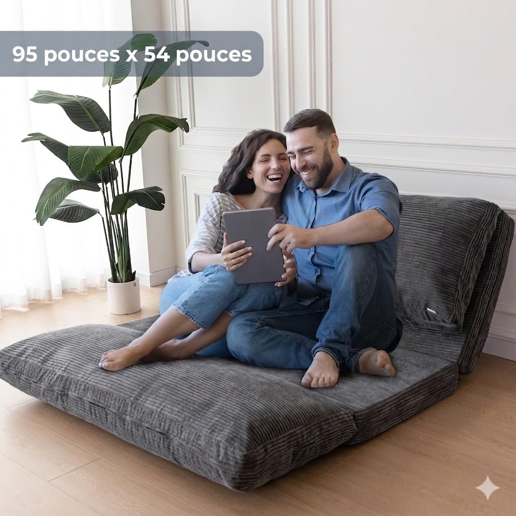 MAXYOYO Pouf pliable en velours côtelé avec rembourrage en mousse, extra épais, 4 couches, matelas/canapé de sol pour adultes, housse amovible et lavable en machine, anthracite, 135 x 240 cm