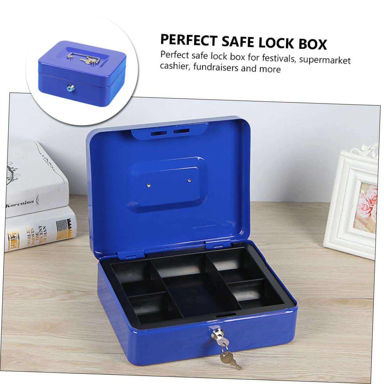 Housoutil Scatola Ferro con Serratura Portatile per Risparmi e Documenti per e Colore Blu Media