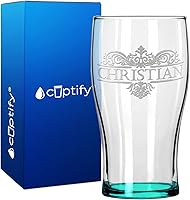 Vista 67 de Vaso de pub personalizado elaborado con nombre de círculo de 20 onzas, copas de cerveza grabadas con fondo azul con texto personalizado, regalo