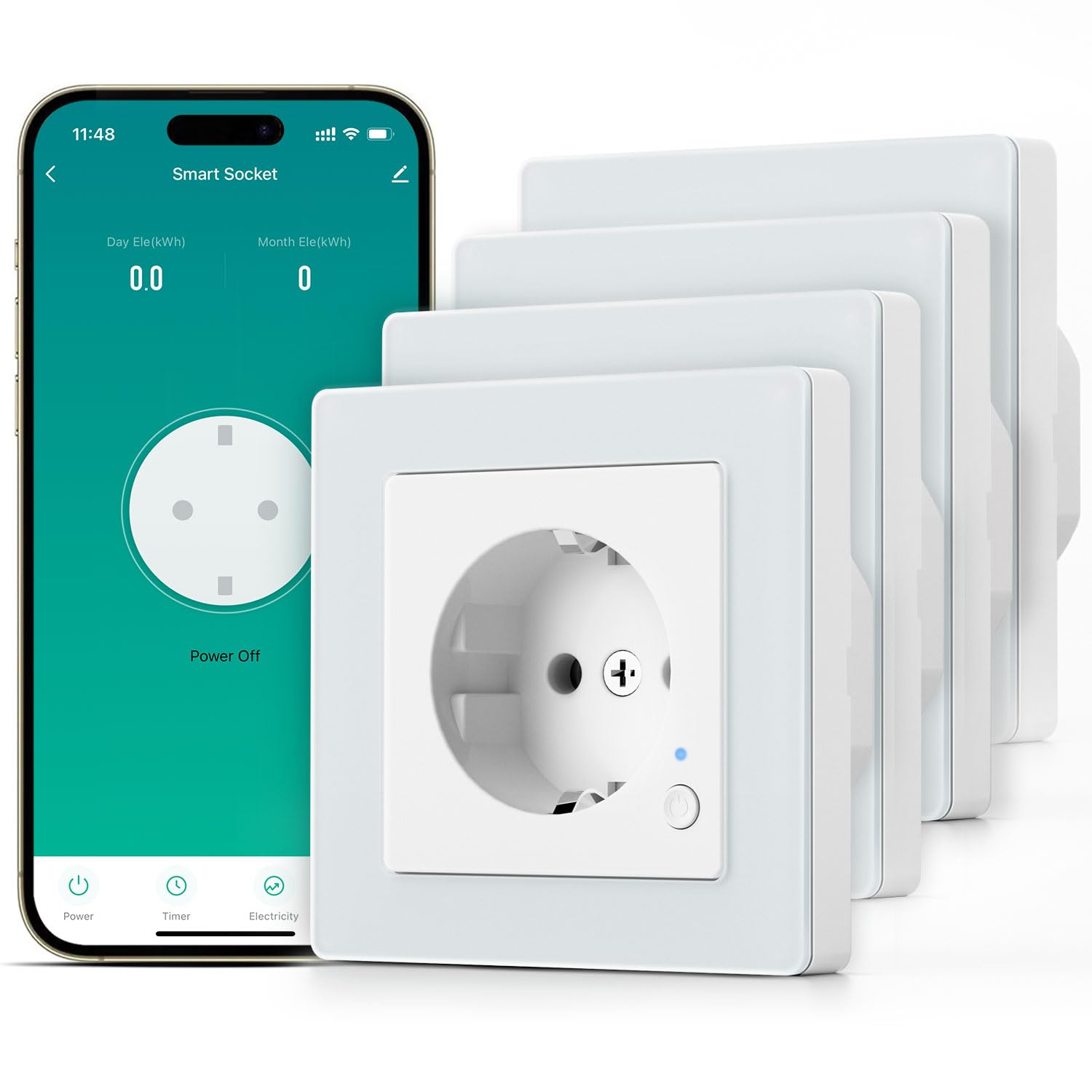 SMARTERCURRY Smart WLAN Schuko Steckdose 13A 4 Stücke Stromzähler 80 * 80mm | Smart Home Rolladensteuerung,Energieeinsparung,Kindersicherung,Zeitschaltuhr,Sprachsteuerung,Kompatible mit Alexa & Google