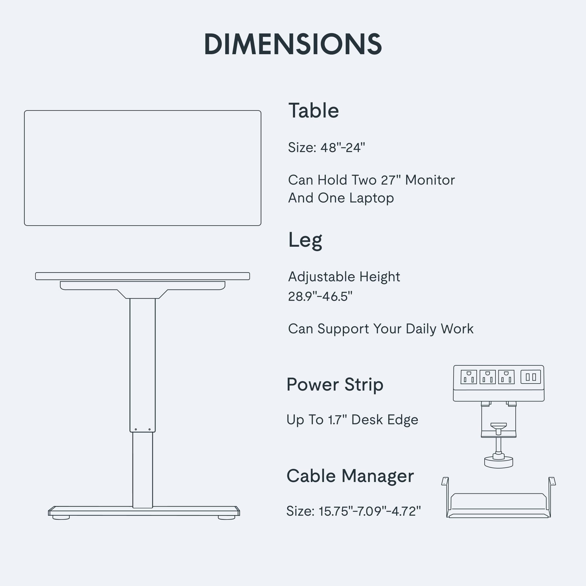 FLEXISPOT EN2 Whole-Piece Standing Desk with Clamp Power Strip 48x24 Electric Stand Up Height Adjustable Desk with Cable — view 6