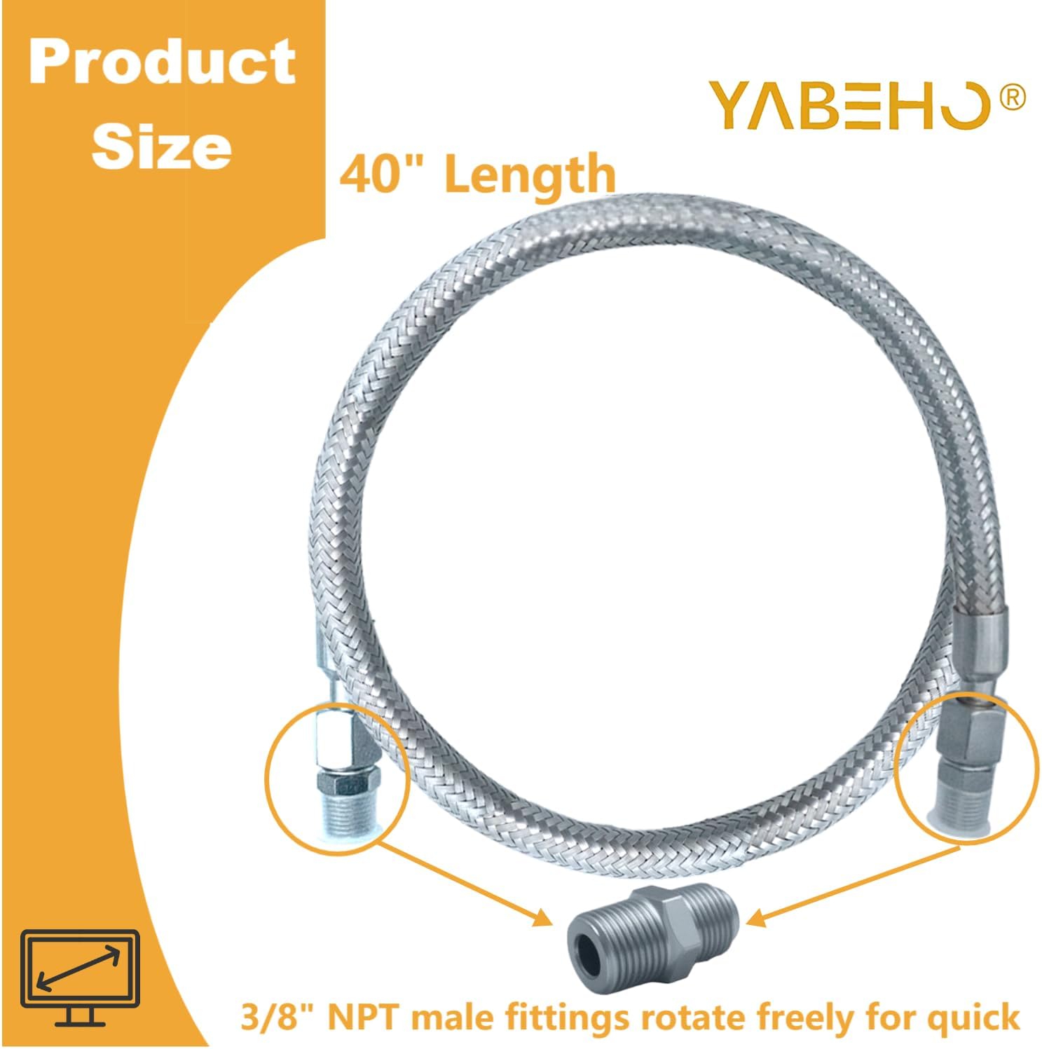 Industrial Grade 3/8" Compressor Jumper Hose, 3/8" NPT ，40" Length，750°F，450 PSI，Both Sides Fittings Rotate Freely，Flexible Whole body Stainless Steel Metal Hose