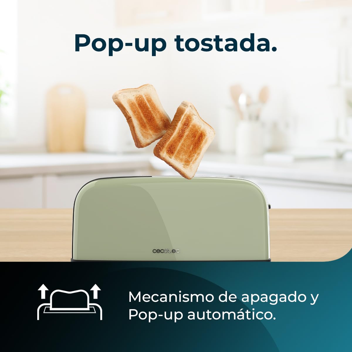 Cecotec Vertikaler Toaster Toastin' time 1500 Green, 1500W, Doppelter langer und breiter Schlitz 3,8 cm, Obere Stäbe, Edelstahl, Automatische Abschaltung und Pop-up-Funktion, Krümelablage