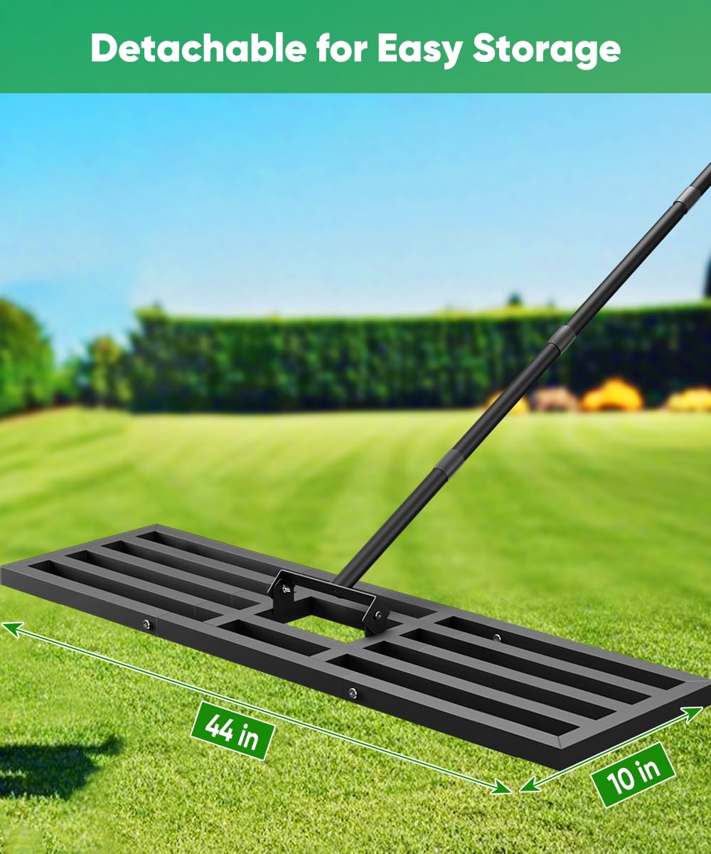 Rastrillo nivelador de césped de 44 x 10 pulgadas, herramienta mejorada con conexión reforzada de alta resistencia, rastrillo de jardín con mango largo ajustable, nivelador de suelo para alisar el c
