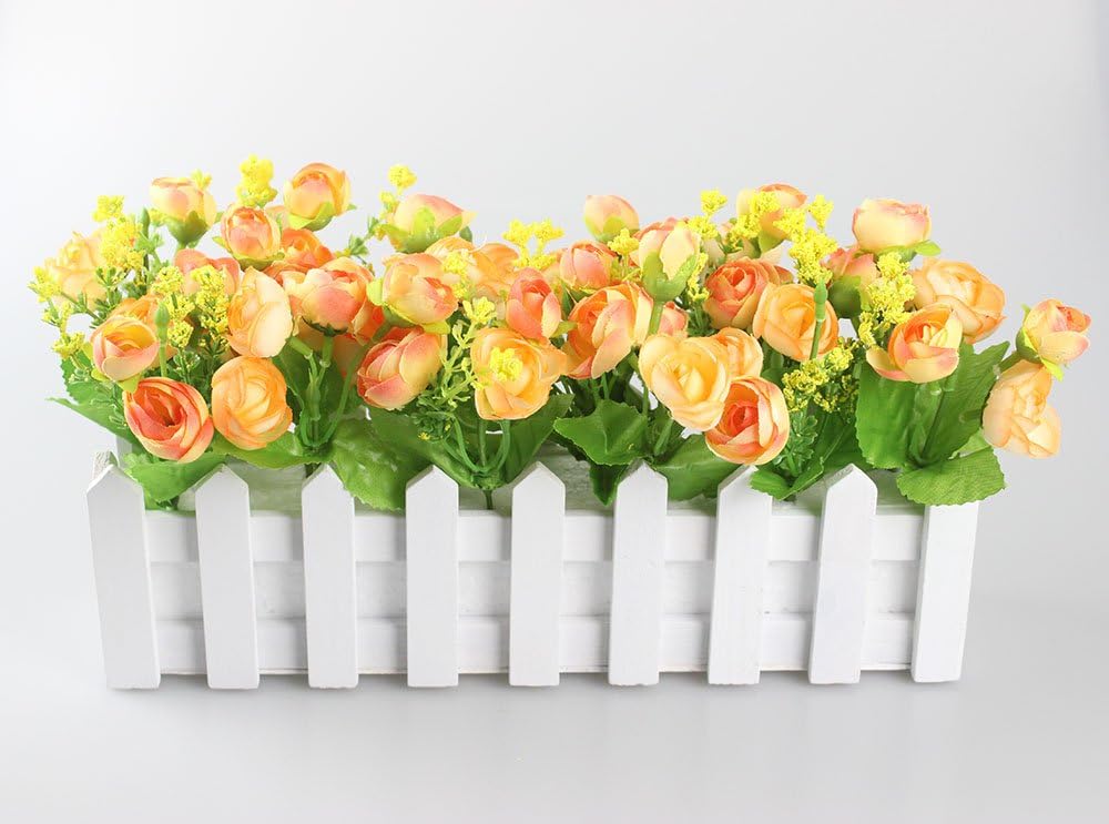 Arbeflo Artificial Flowers Fake Daisy/Rose in Picket Fence Pot Pack - Potted Plant Dried Flowers Adornment (champagne rose with white fence)