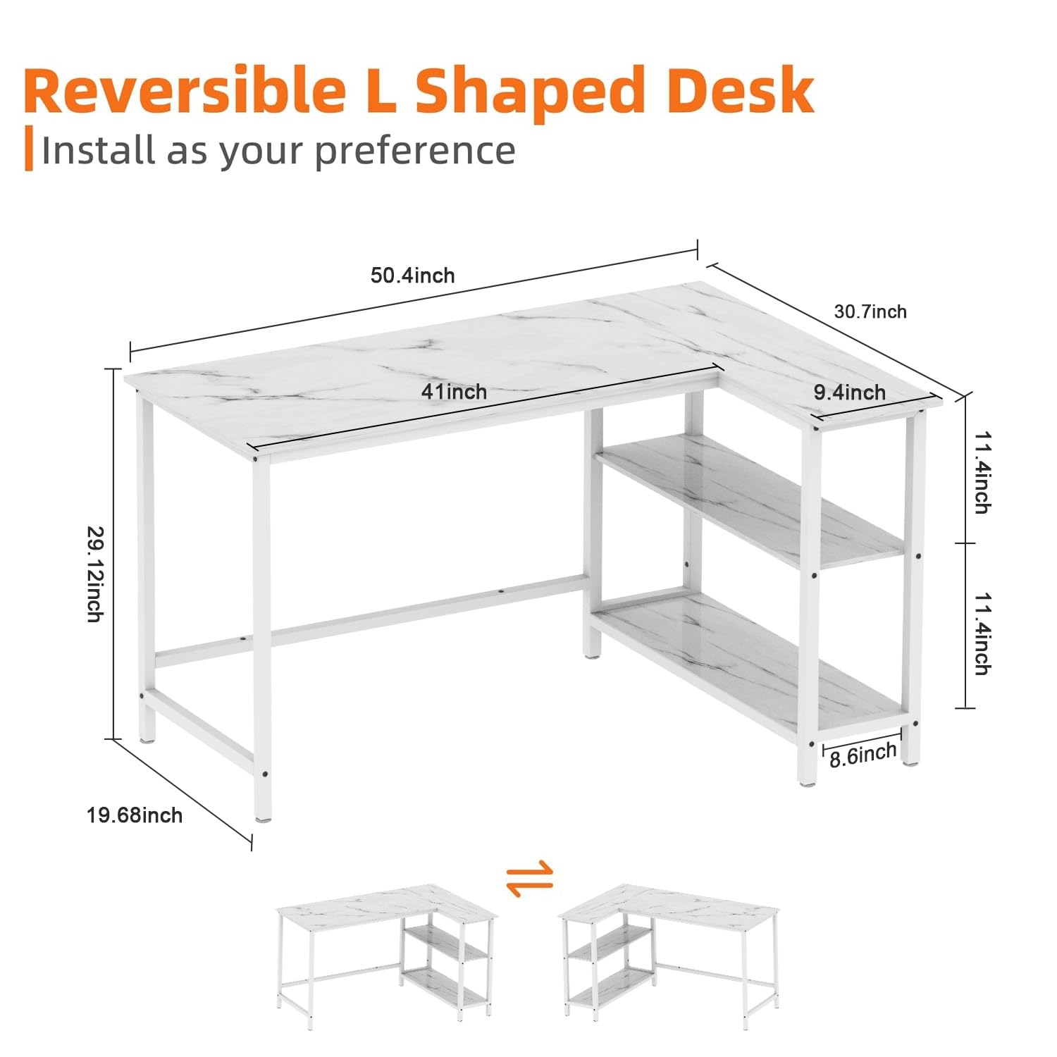 Dimensional diagram of the WOODYNLUX L-Shaped Computer Desk, detailing length, width, and height measurements.