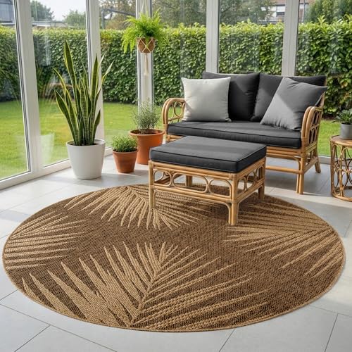 SIMPEX Tapis Extérieur Rond 120 cm Beige, résistant aux intempéries Facile d’Entretien, Tapis Aspect Jute Naturel pour Terrasse Balcon Salon Entretien Facile et Durable pour Un Usage Quotidien