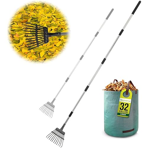 72 Inch Long Garden Leaf Rake, 8.5" Wide Small Garden Rake for Leaves Adjustable Long Handle Garden Rake Sturdy Metal Yard Rake with 32 Gallon Garden Bag (6FT-11Tines)