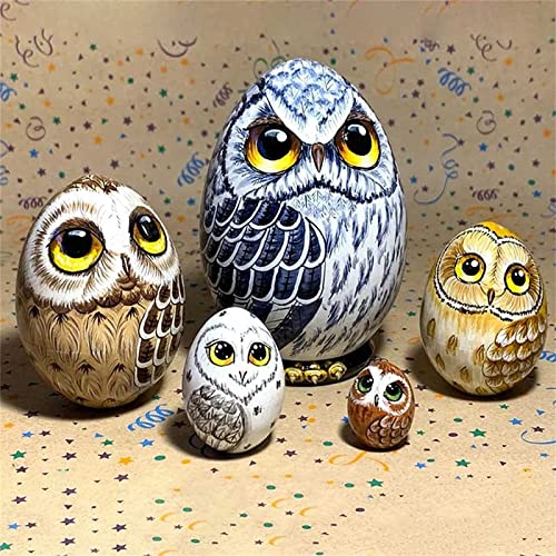 Zgoek 5 Pieces Easter Wooden Egg, Russian Nesting Doll Owl Easter Eggs Owl Statue Decorative Hand Painted Eggs For Party Favors, Classroom Prize Supplies #TOP2