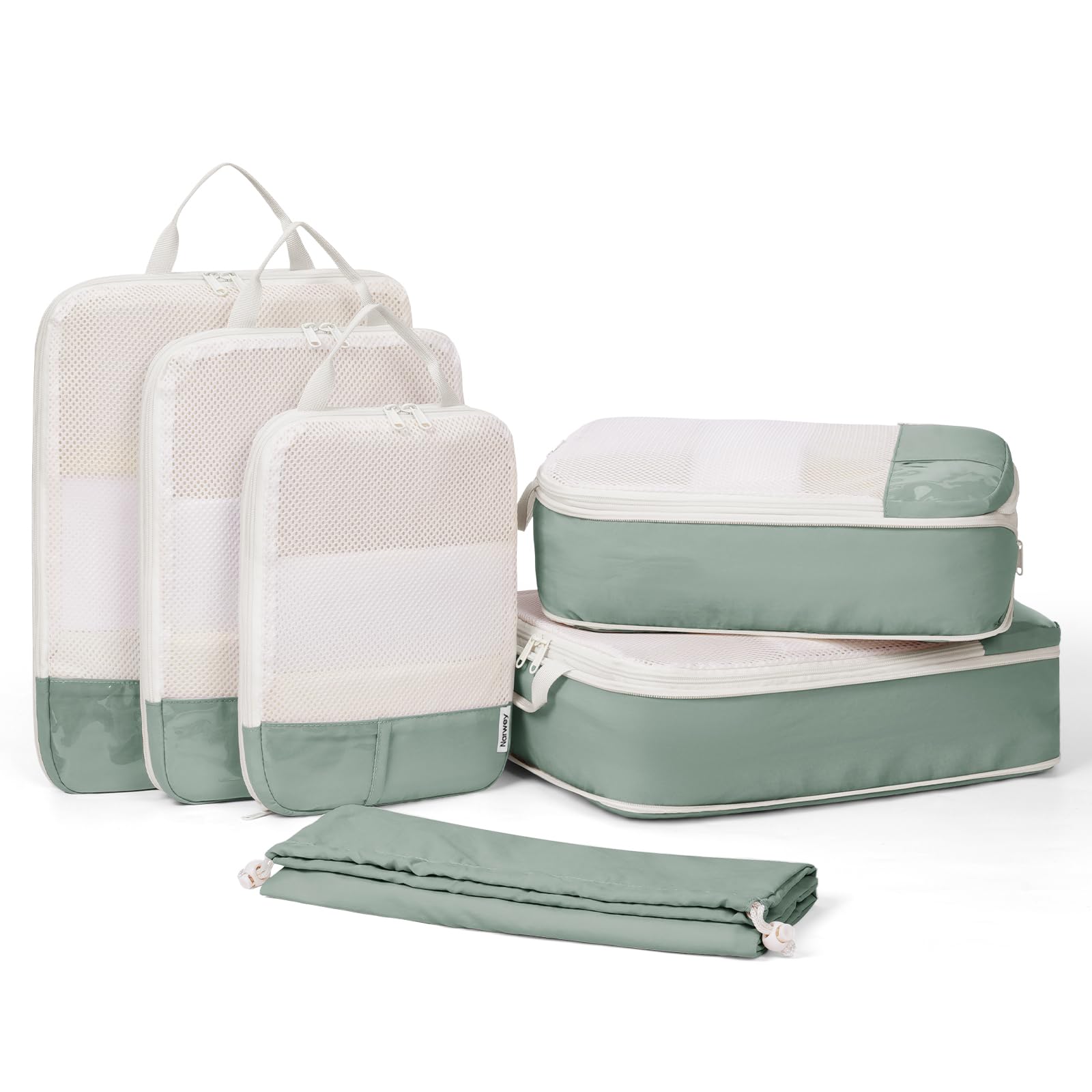 Narwey 5 Pièces Organisateur Valise, Sac Compression Voyage, Compression Packing Cubes, Organisateur Valise Compressible, Cube de Rangement, Organiseurs de Bagage (Vert)