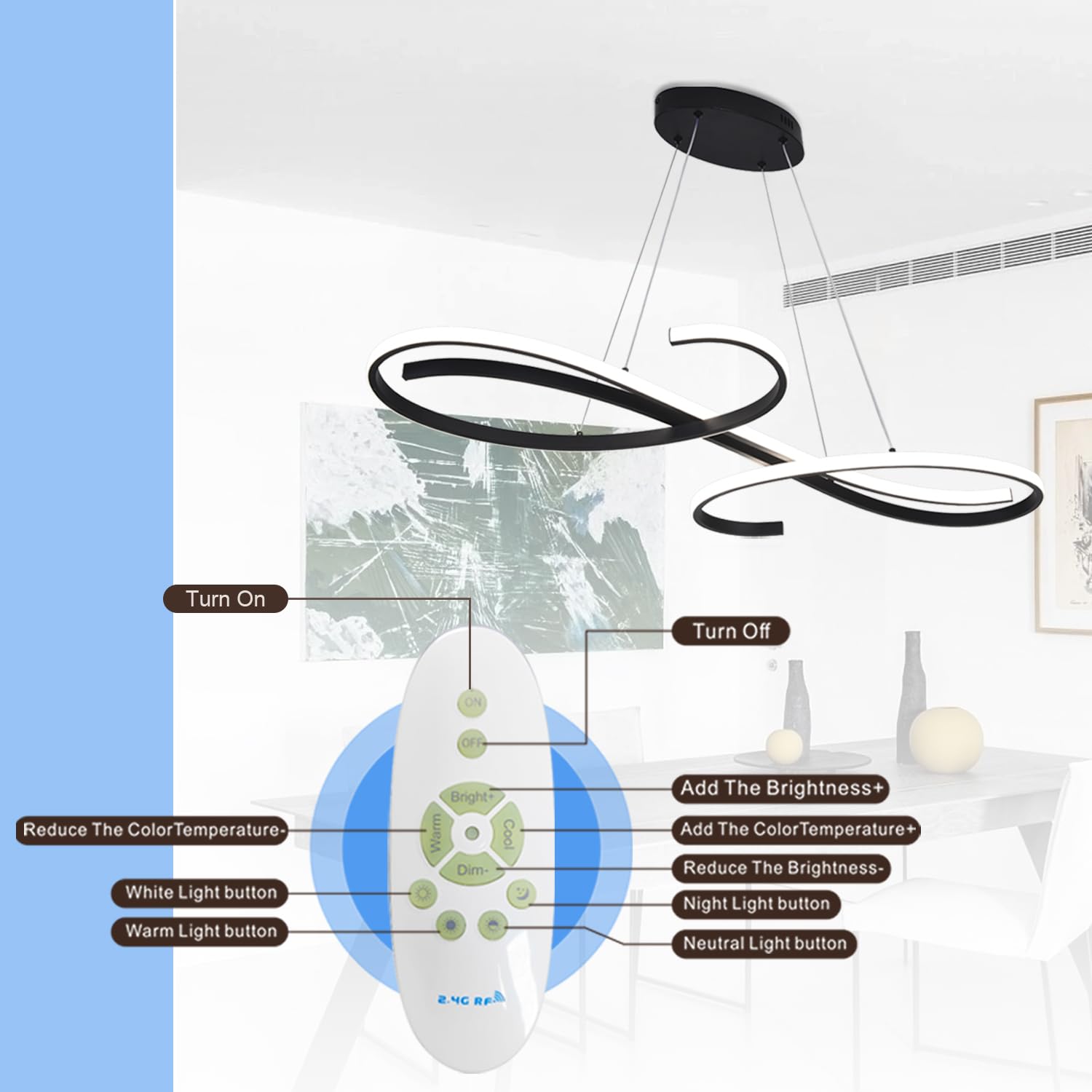 Lampada a Sospensione a LED per tavolo da pranzo, Dimmerabile, Moderna Lampada a Sospensione a LED con Telecomando, 3000K-6500K, Temperatura di colore 10%-100% " | Luce regolabile 3000K-6500K con telecomando, apparecchio di illuminazione ideale per sala d