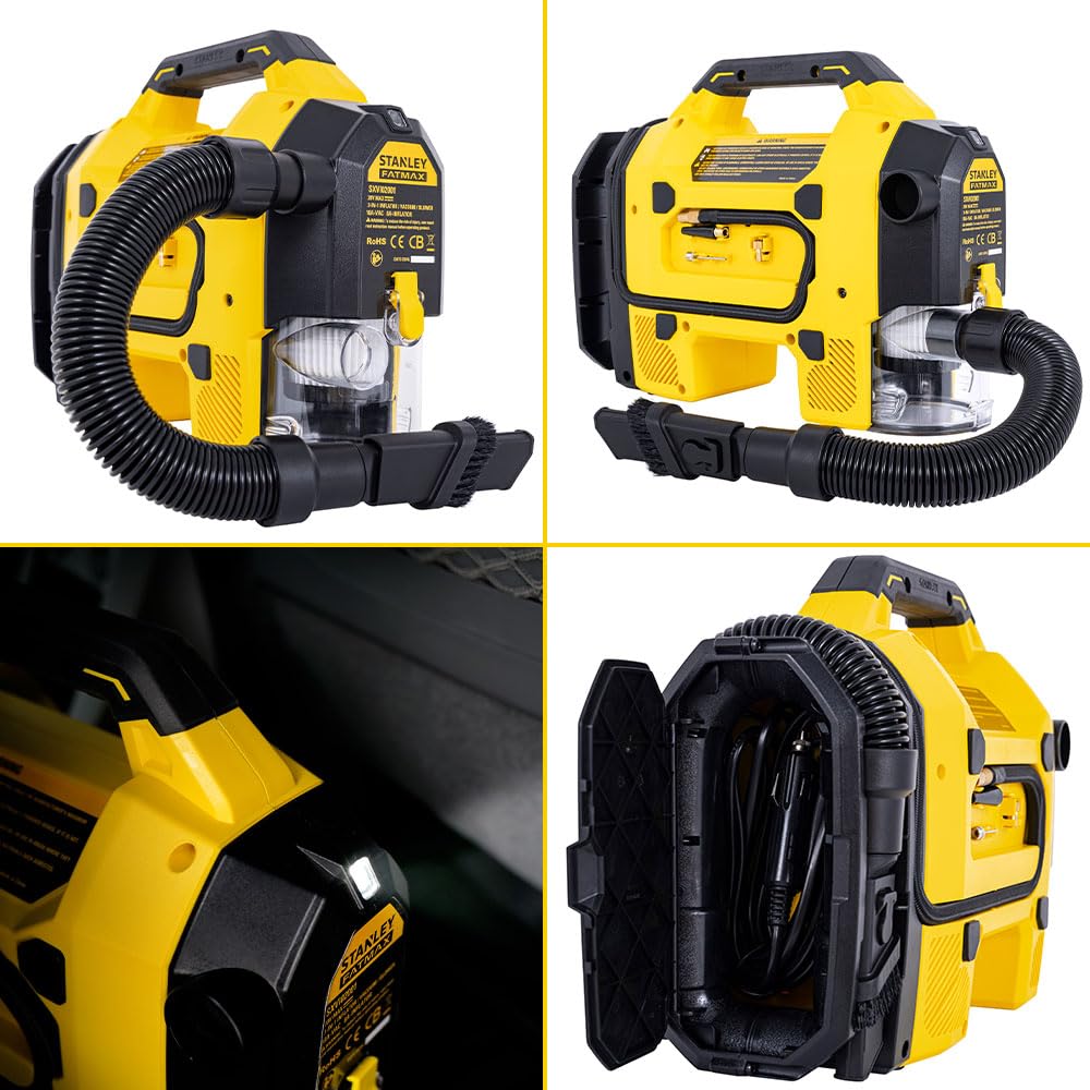 STANLEY SXVI02001 12Volt/18Volt 160 PSI Dijital Basınç Göstergeli Lastik & Yatak Şişirme Pompası + Araç Süpürgesi + Led Lamba (Akü Dahil Değildir)