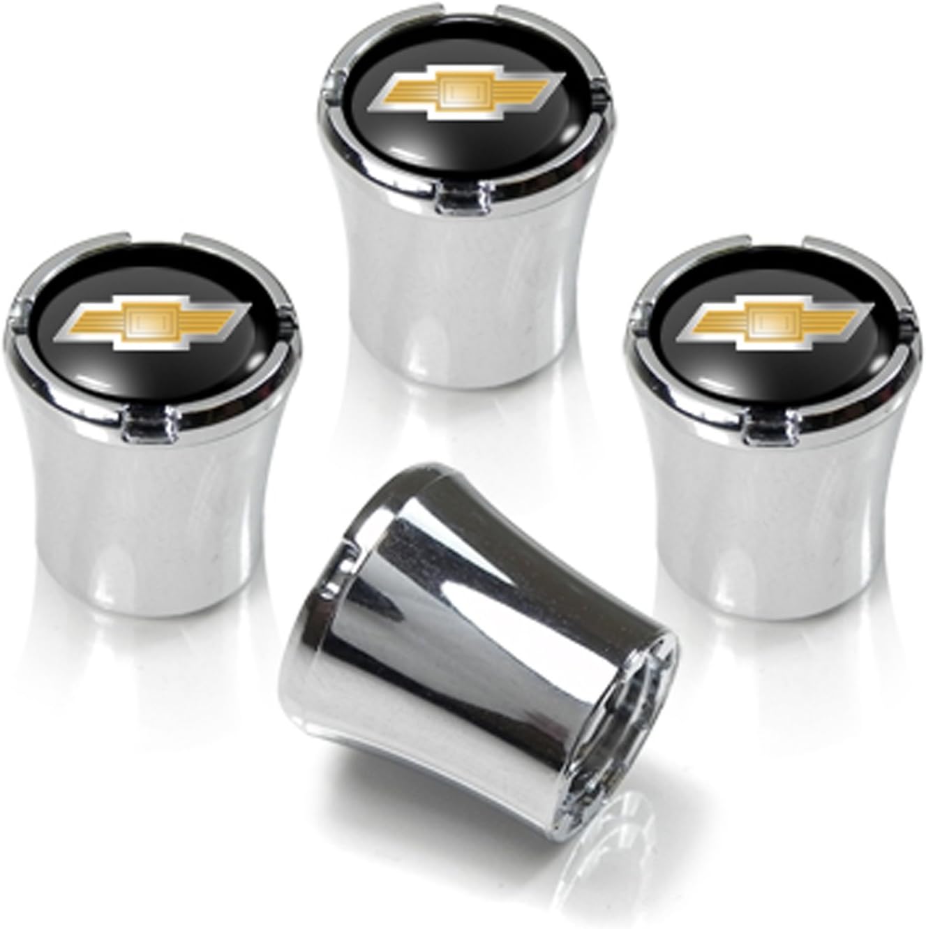 Chevrolet Chrome & Black Valve Stem Caps w/Gold Bowtie Logo - Set of 4