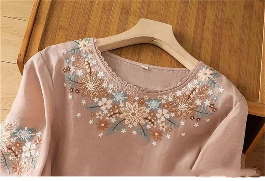 Damska bawełniana lniana haftowana koszula T-shirt okrągły dekolt rękaw 3/4 luźne bluzki na co dzień topy