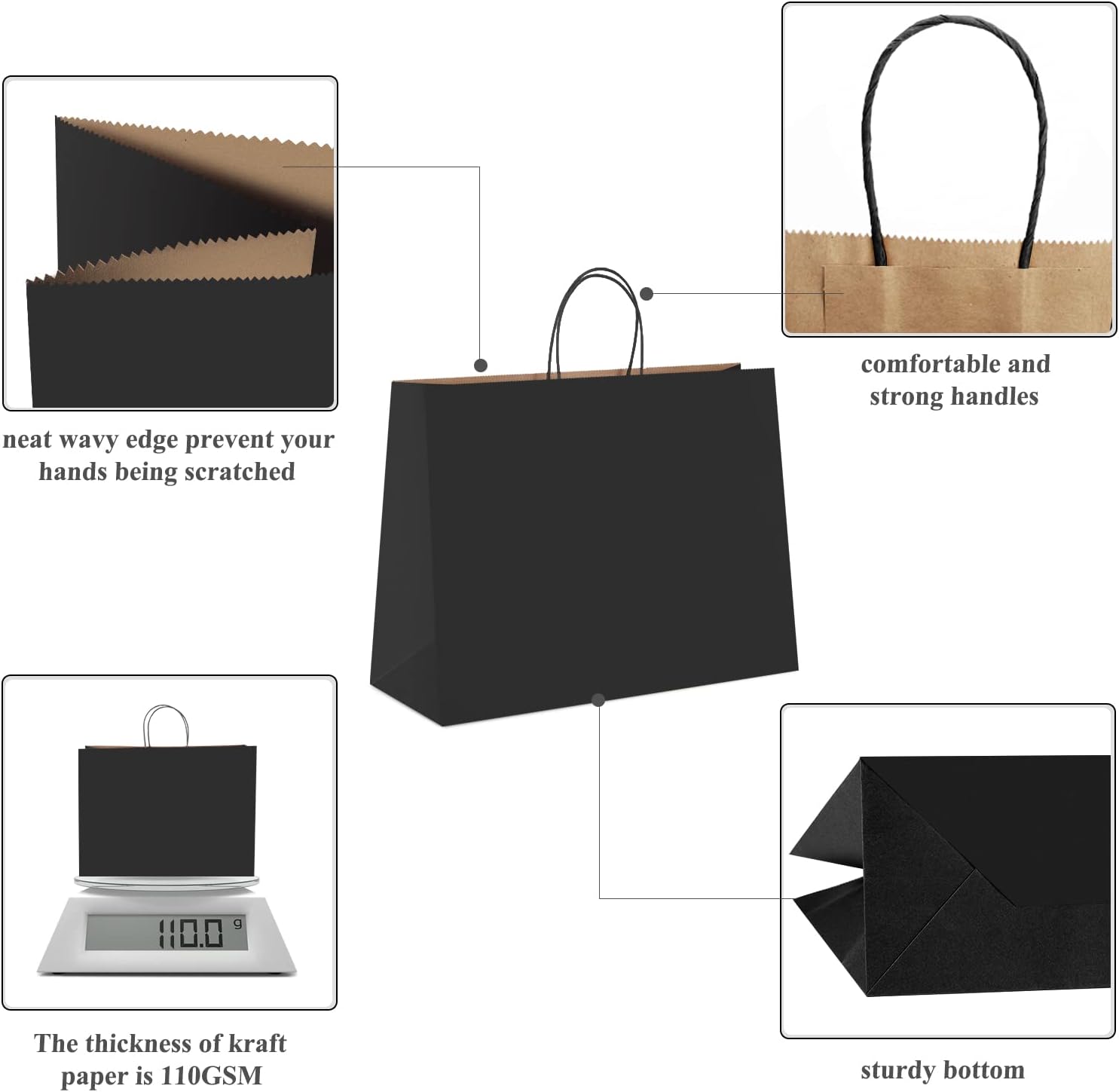 GSSUSA Large Paper Bags with Handles16x6x12 25 Pack, Gift Bag for Small Business, Paper Shopping Bag, Grocery, Food Service Take Out, Large Kraft Paper Bags, Bulk, Black - Image 3