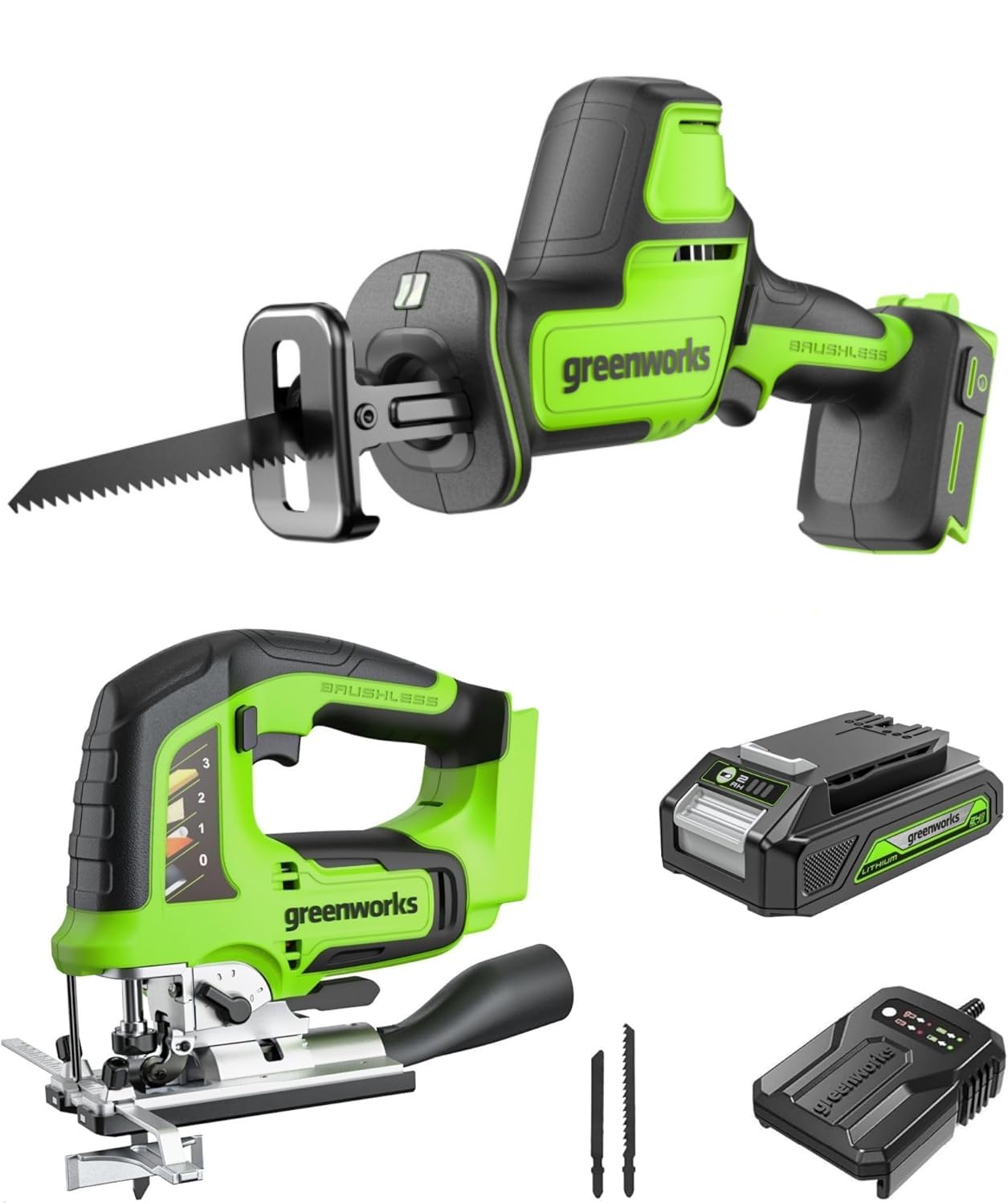 Greenworks Sega a batteria da 24 V e sega universale a batteria, altezza di sollevamento 26 mm, brushless, con lama per sega, batteria da 2 Ah e caricatore