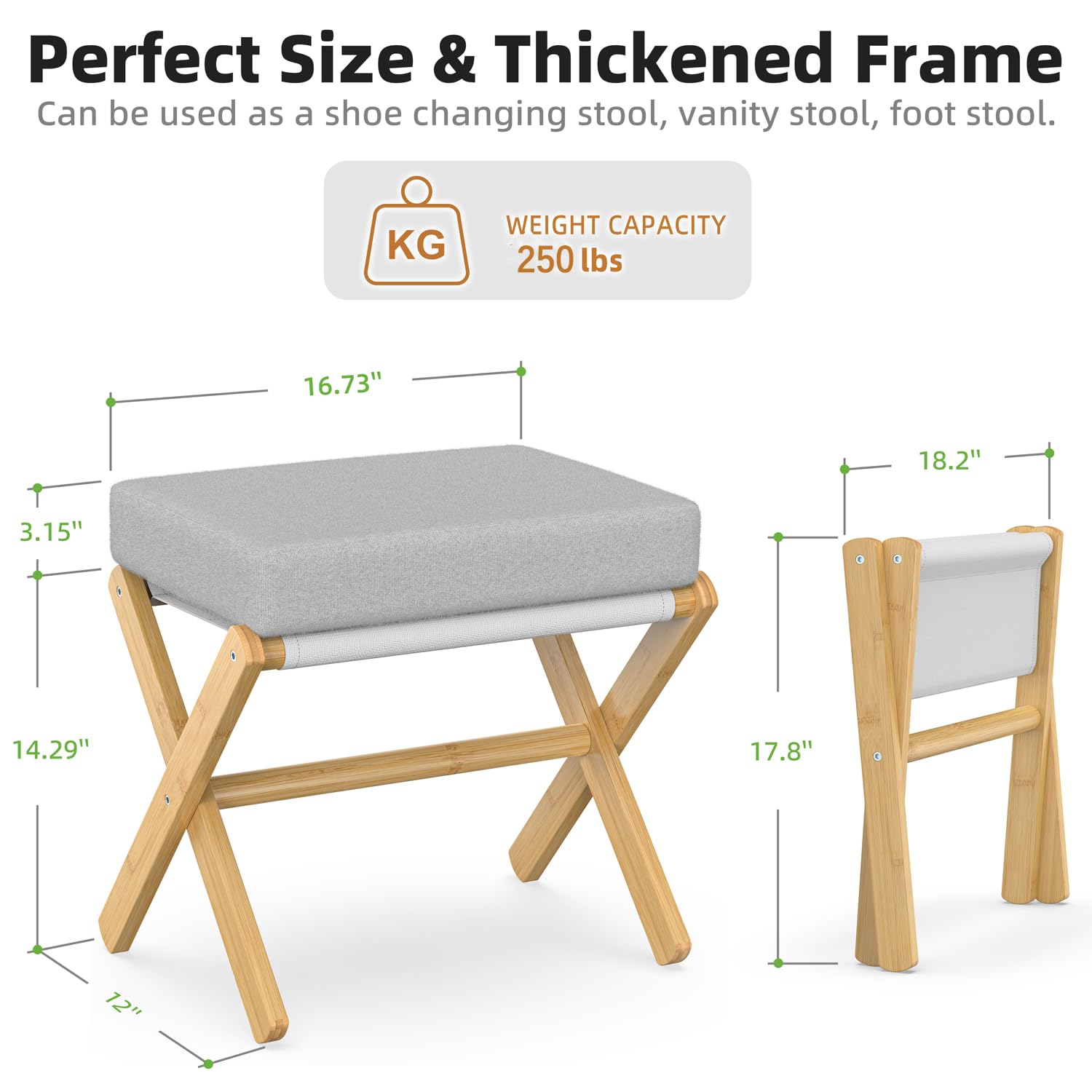 BAMBOOHOMIE Sgabello poggiapiedi pieghevole, moderno, con gambe a X in bambù e cuscino in schiuma spessa, sgabello pieghevole piccolo imbottito per camera da letto e soggiorno, poggiapiedi per sedia