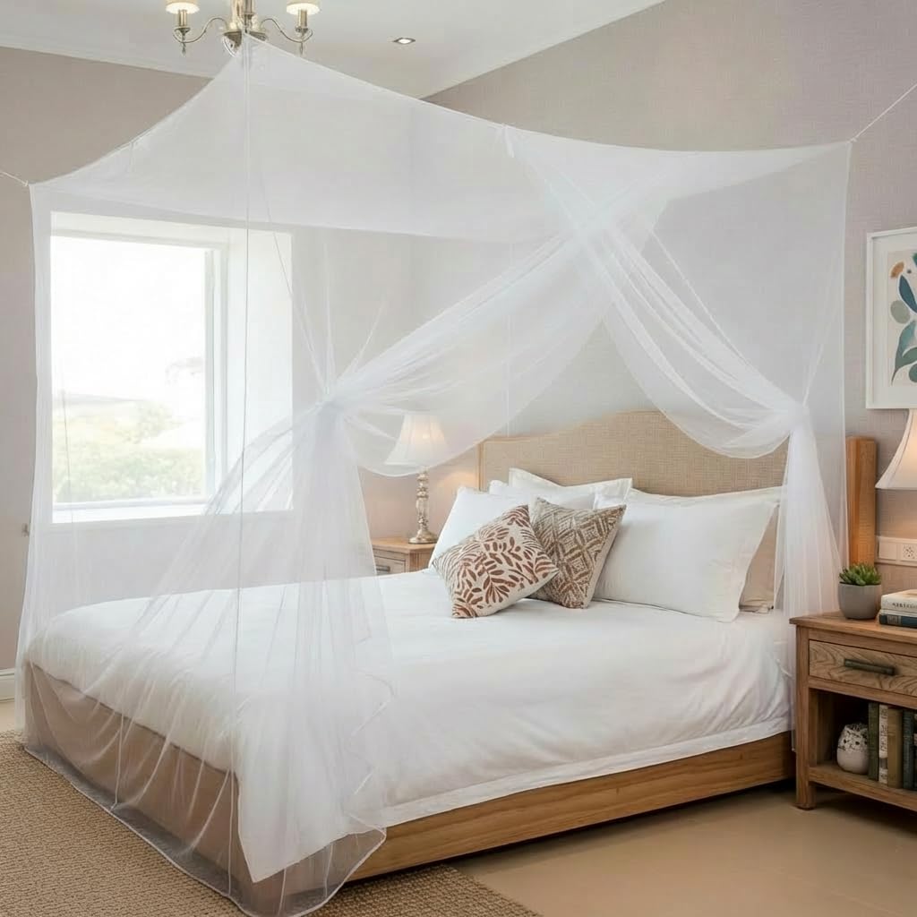 Allbestaye Mosquito Net for Bed, 4-Corner Post Bed Canopy with One Side Opening, Breathable Fine Mesh Protection for Bedroom Dormitory Camping Travel