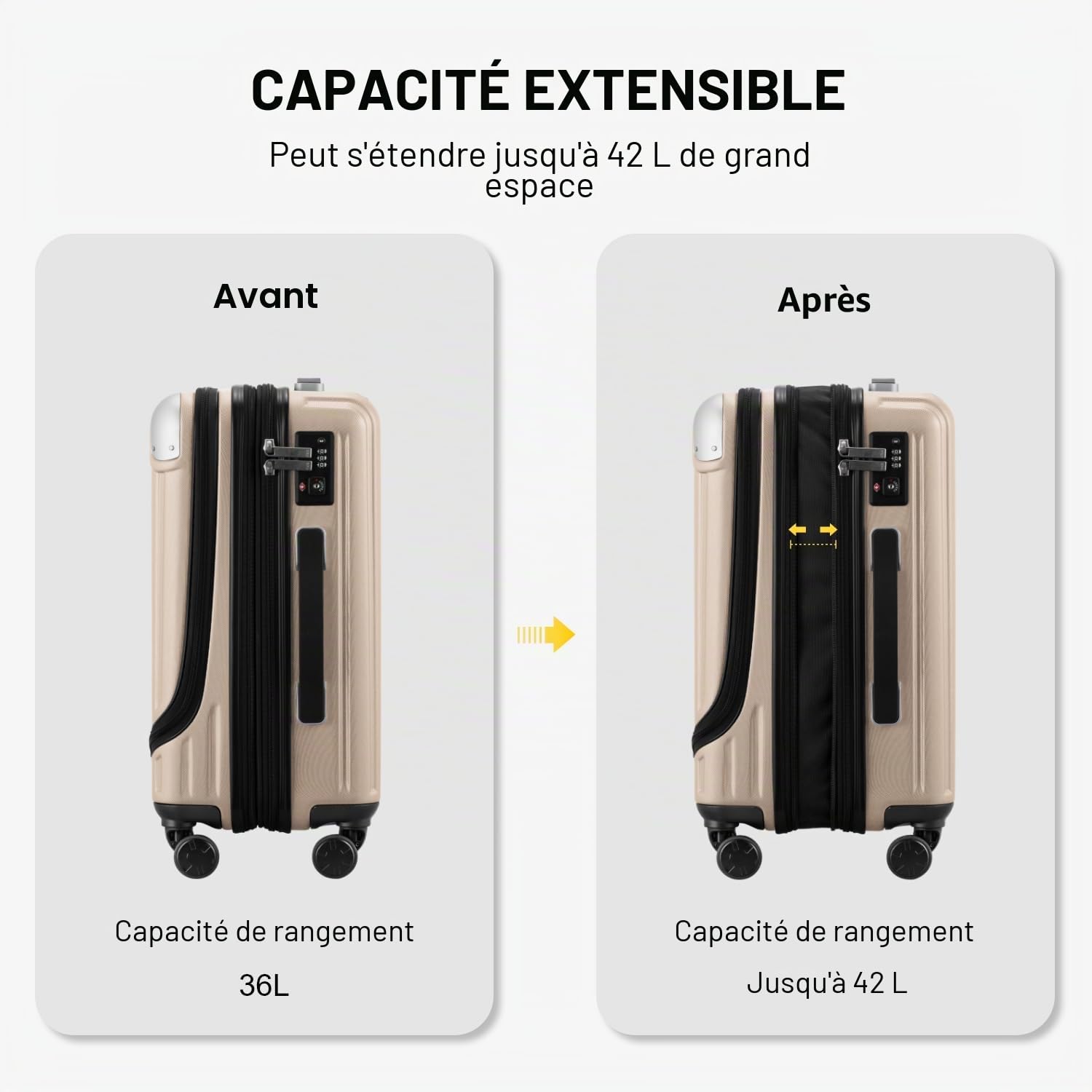 LEVEL8 Valise Cabine Extensible ABS+PC Bagage à Main Trolley Rigide Bagages Cabine avec 4 roulettes Doubles Pivotantes et Serrure TSA, 55x37x25CM, 42L, Champagne