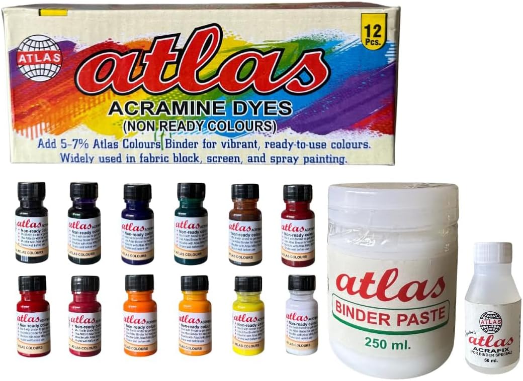 Pigment Acryamine Dyes,for Block & Screen Printing, Multicolor Set of 12, 20 Ml Each Bottle with Binder 500 ml & Acrafix