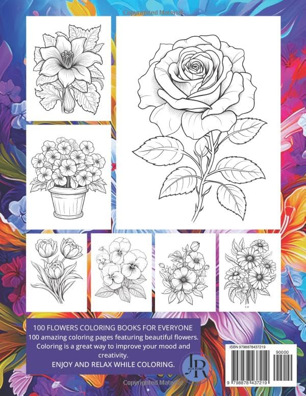 100 Flowers Adult Coloring Book: Beautiful and Easy Flowers, Vases with Bouquets, and Patterns, Coloring Pages with Large Print for Relaxation and Calmness (Flowers Coloring Book) - Image 2
