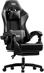 HLDIRECT Gaming Chair for Adults, Ergonomic Computer Chair with Footrest & Linkage Armrest, High Back Gamer Chair with Lumbar Support, Adjustable Game Chair, 360° Swivel, 300LBS (Black & Grey)