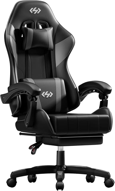 HLDIRECT Gaming Chair for Adults, Ergonomic Computer Chair with Footrest & Linkage Armrest, High Back Gamer Chair with Lumbar Support, Adjustable Game Chair, 360° Swivel, 300LBS (Black & Grey)