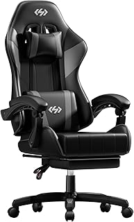 HLONONE Gaming Stuhl, Ergonomischer Gaming Chair mit Fußstütze, Verstellbarer Gamer Stuhl mit Kopfstütze, Lendenkissen und Linkage-Armlehnen, Racing Gaming Sessel Gepolstert PC Stuhl, Schwarz-Grau