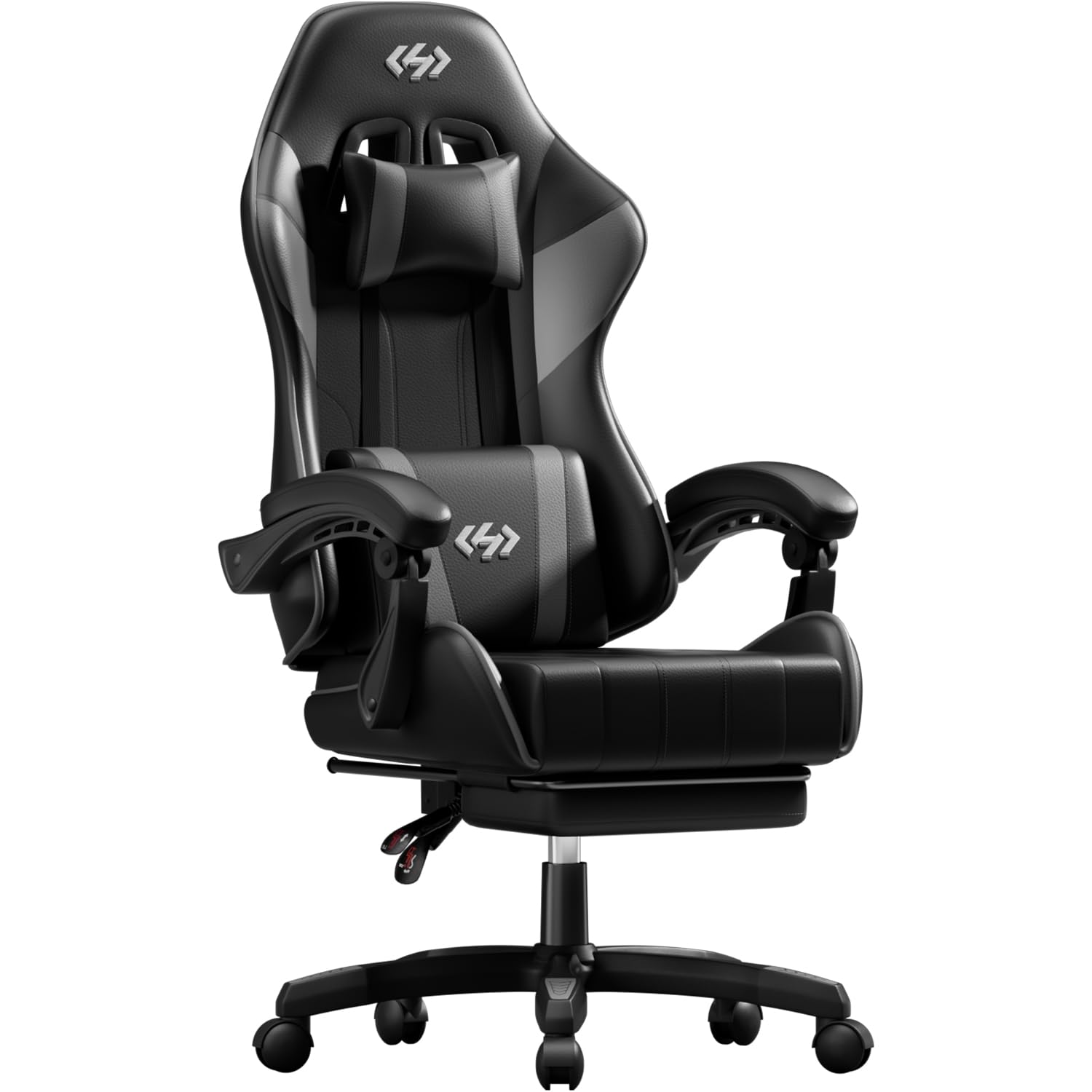 HLONONE Gaming Stuhl, Ergonomischer Gaming Chair mit Fußstütze, Verstellbarer Gamer Stuhl mit Kopfstütze, Lendenkissen und Linkage-Armlehnen, Racing Gaming Sessel Gepolstert PC Stuhl, Schwarz-Grau