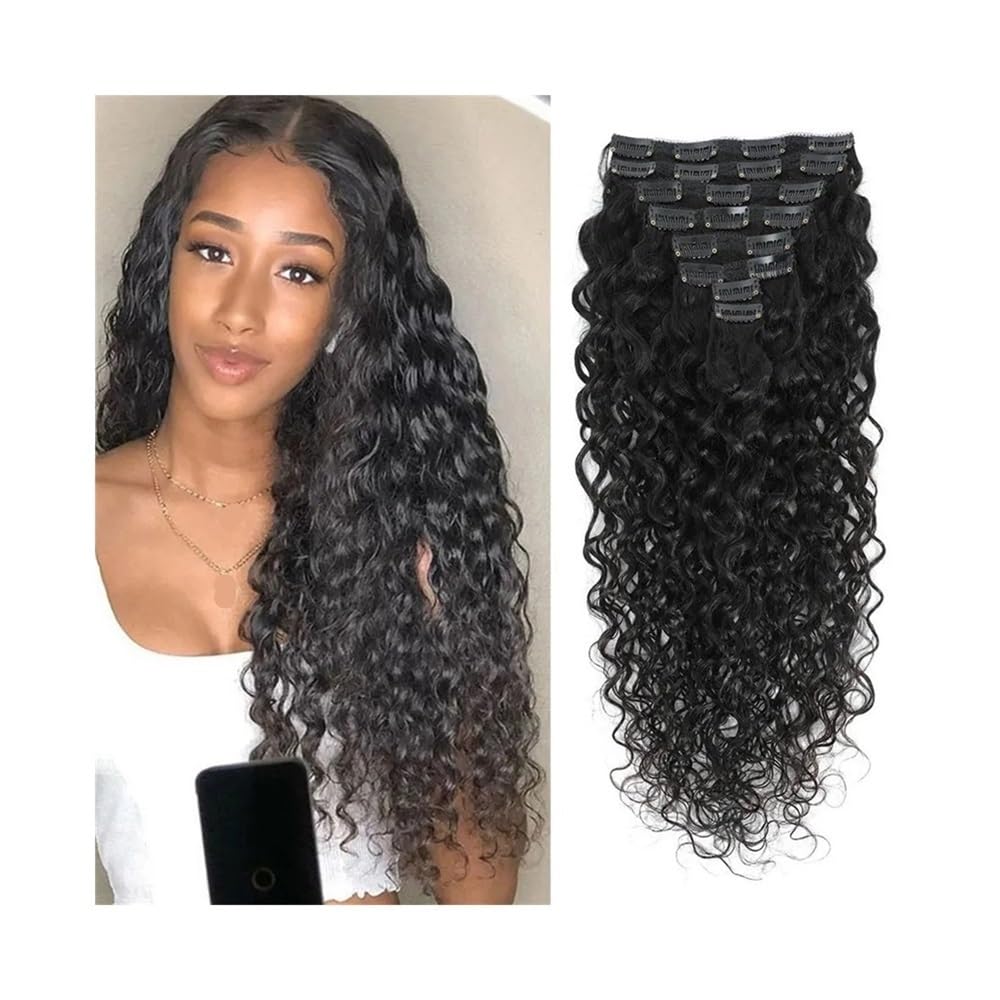 Doren Deep Curly Clip In Human Hair Extensions for Women 8 Pcs 20 Clips 120g Brazilian Remy Hair Water Wave Clip Ins Natural Black 8-24 Inches(8inches)