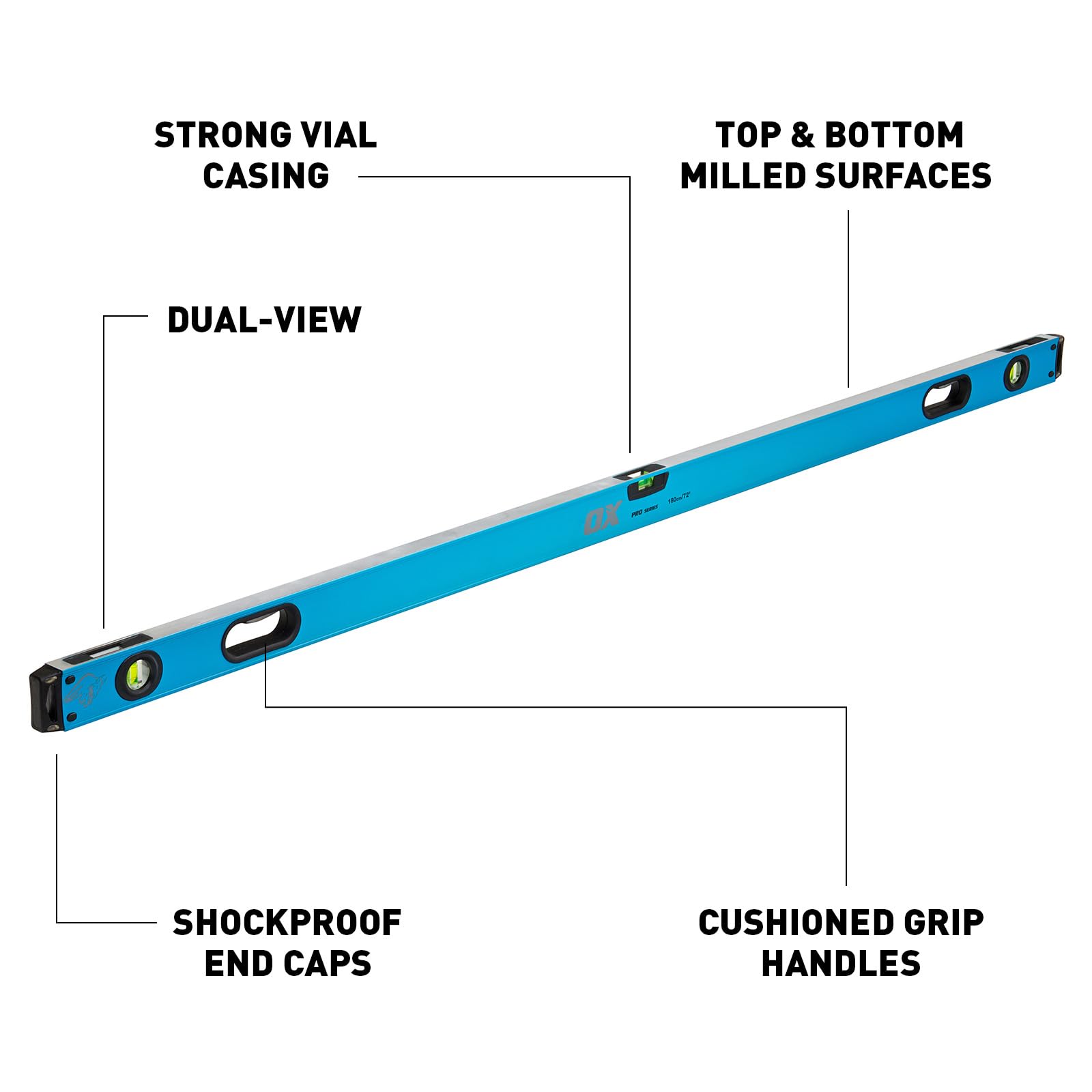 OX Tools OX-P024418 Professional Box 6ft Spirit Level, with Rubber Grip, All Aluminum Construction, Non Magnetic 6 Foot Level, Rubberized Soft grip Thru Handle, Magnified Vials. 72 Inch Level
