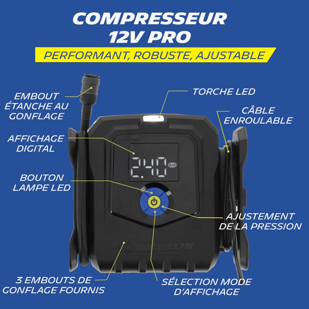MICHELIN 009542 Compressore d’Aria Elettrico Professionale – Gonfiatore per Pneumatici Auto – Pressione Programmabile 8 BAR 168W – 12V Presa Accendisigari – Portata 24L al Minuto – 3 Adattatori