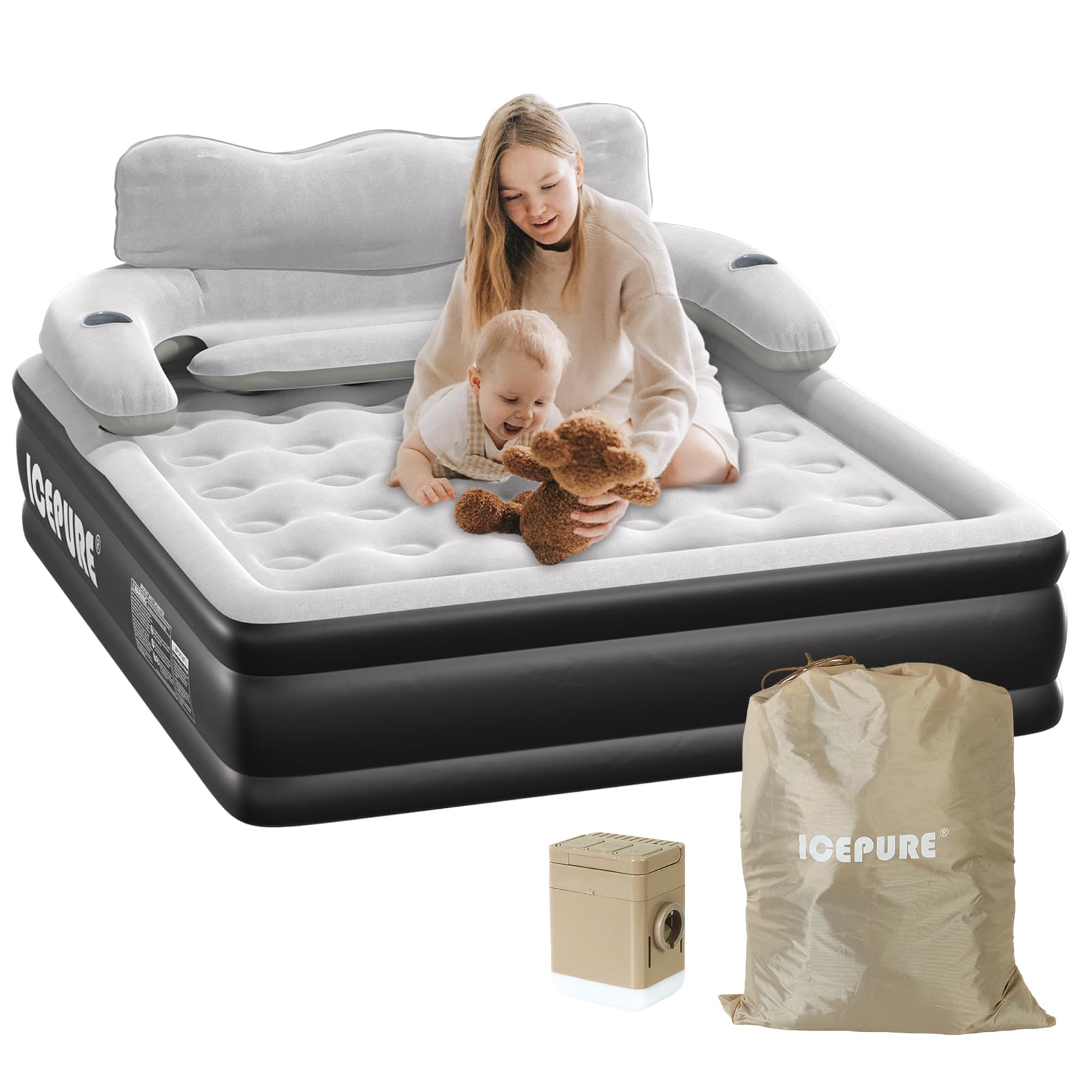 ICEPURE Matelas Gonflable 2 Personnes, 150x200x46CM,Dossier Amovible, 300 kg, Matelas Autogonflant 2 Personnes de 4000mAh et éclairage, adapté à la Peau, Robuste et Portable.