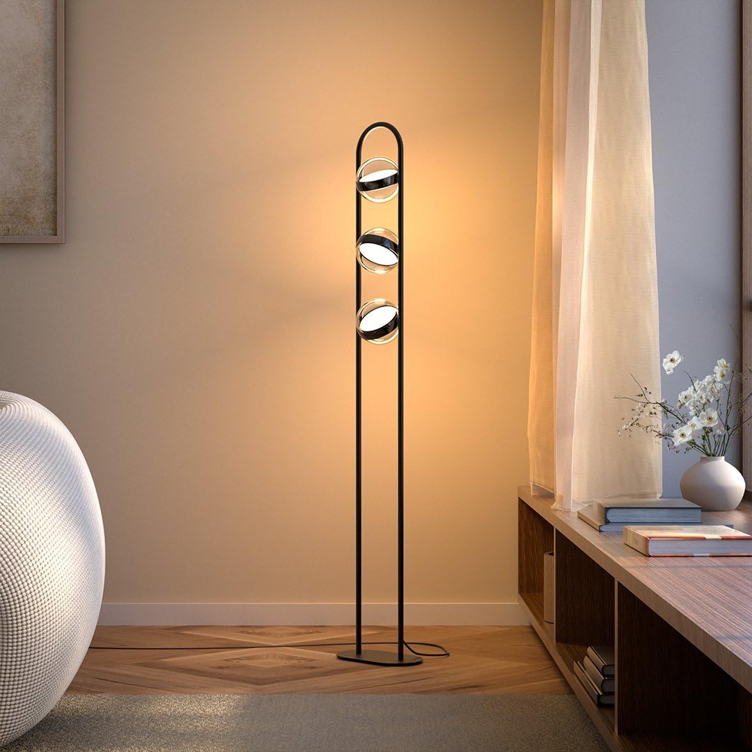 NEONA VIVA LED Stehleuchte Schwarz dimmbar per Fußschalter – Stehlampe 3 drehbare Glaskugeln 360°, warmweiß 2700K, 24W, 2340lm, Höhe 140cm (Schwarz)