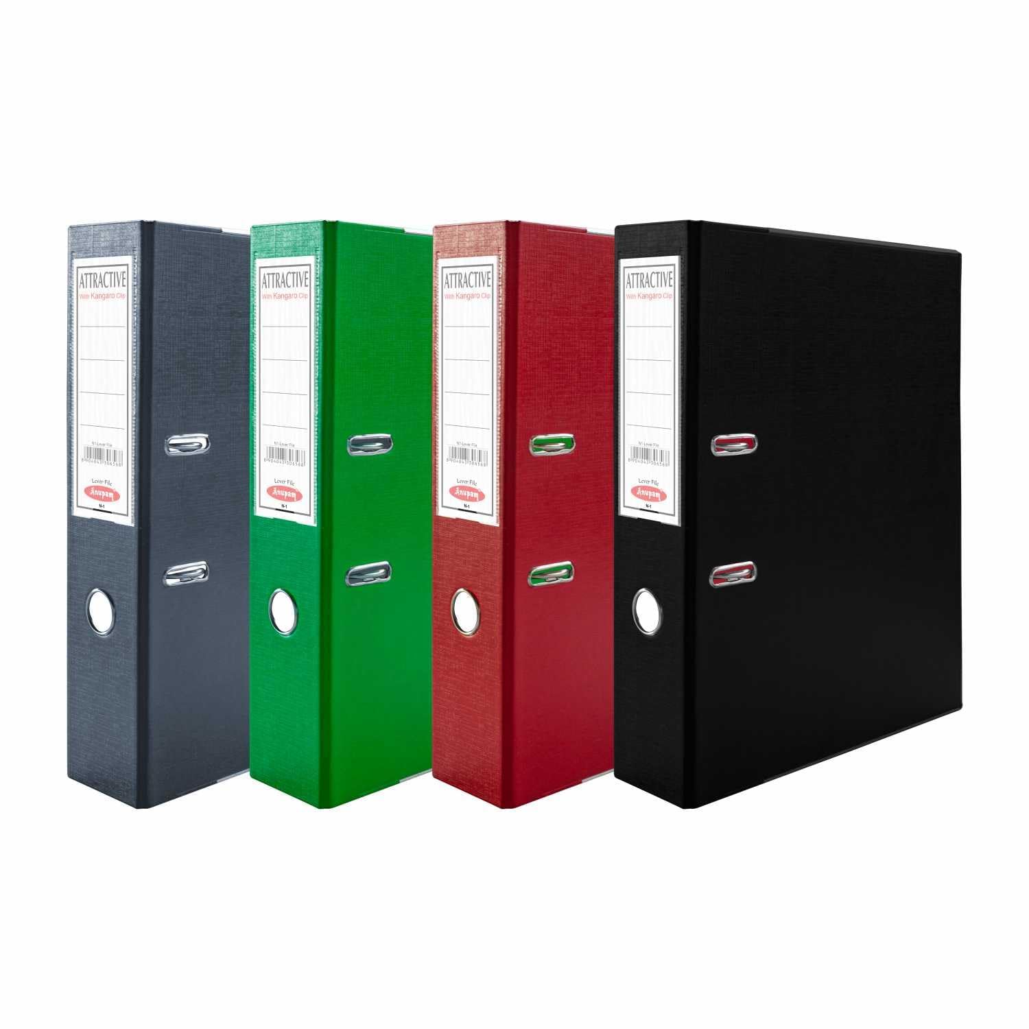 Anupam Lot de 4 classeurs à levier attrayants - 35 x 29 x 8 cm - En forme de U - Trou de préhension - Bords en métal - Protection pour le bureau, l'école, la maison - Noir