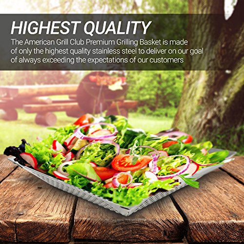 The American Grill Club Grilling Basket - Large Stainless Steel Portable Indoor Outdoor BBQ Pan - Barbeque Veggies, Kabobs or Charbroil Fish in Backyard or While Camping with Propane Gas or Charcoal - Thumbnail 7