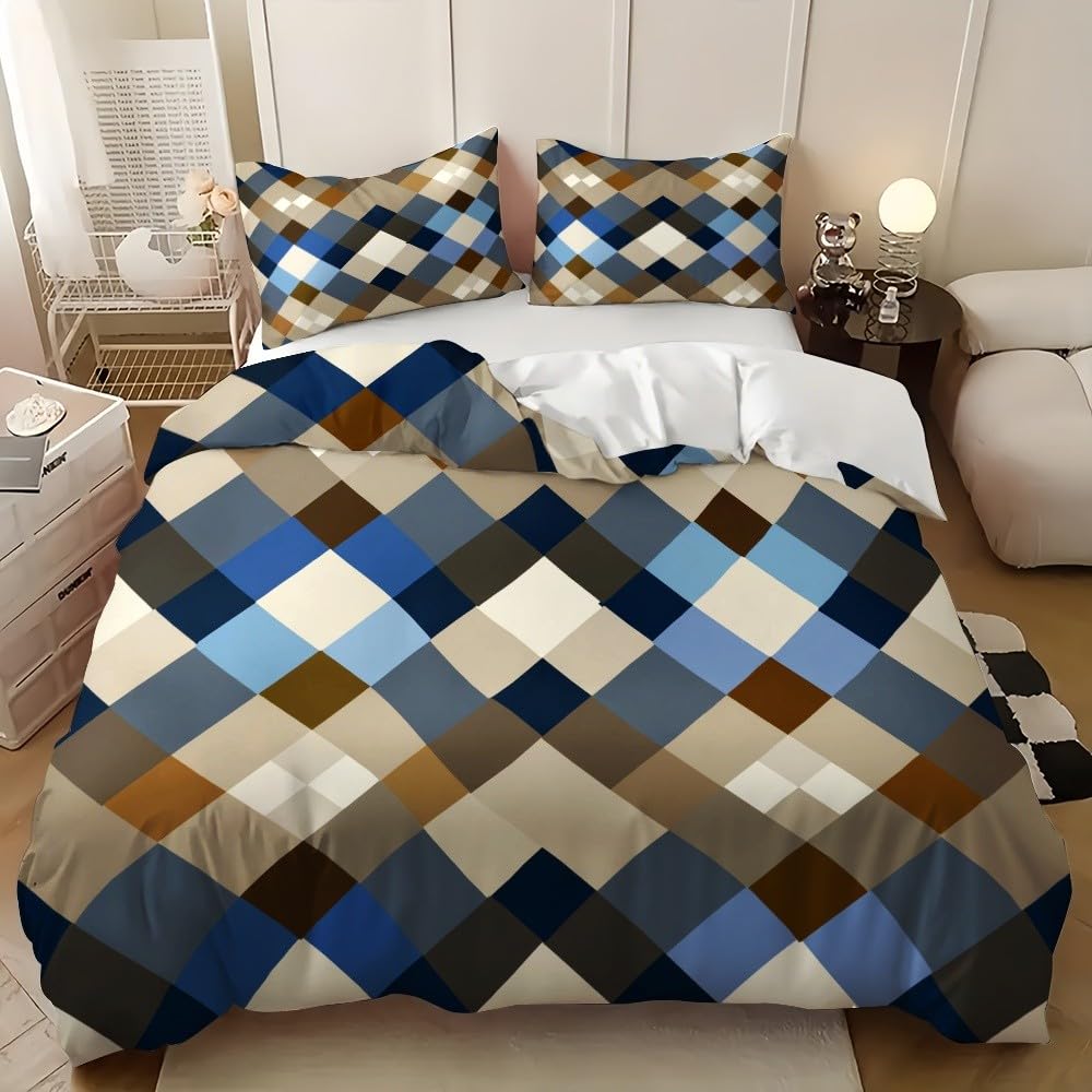 Geometryczny wzór w kratkę 3-częściowy zestaw pościeli, 250 x 200 cm Brązowa poszwa na kołdrę z zamkiem błyskawicznym Miękka i oddychająca poszewka na kołdrę z poszewkami na poduszki 50 x 80 cm