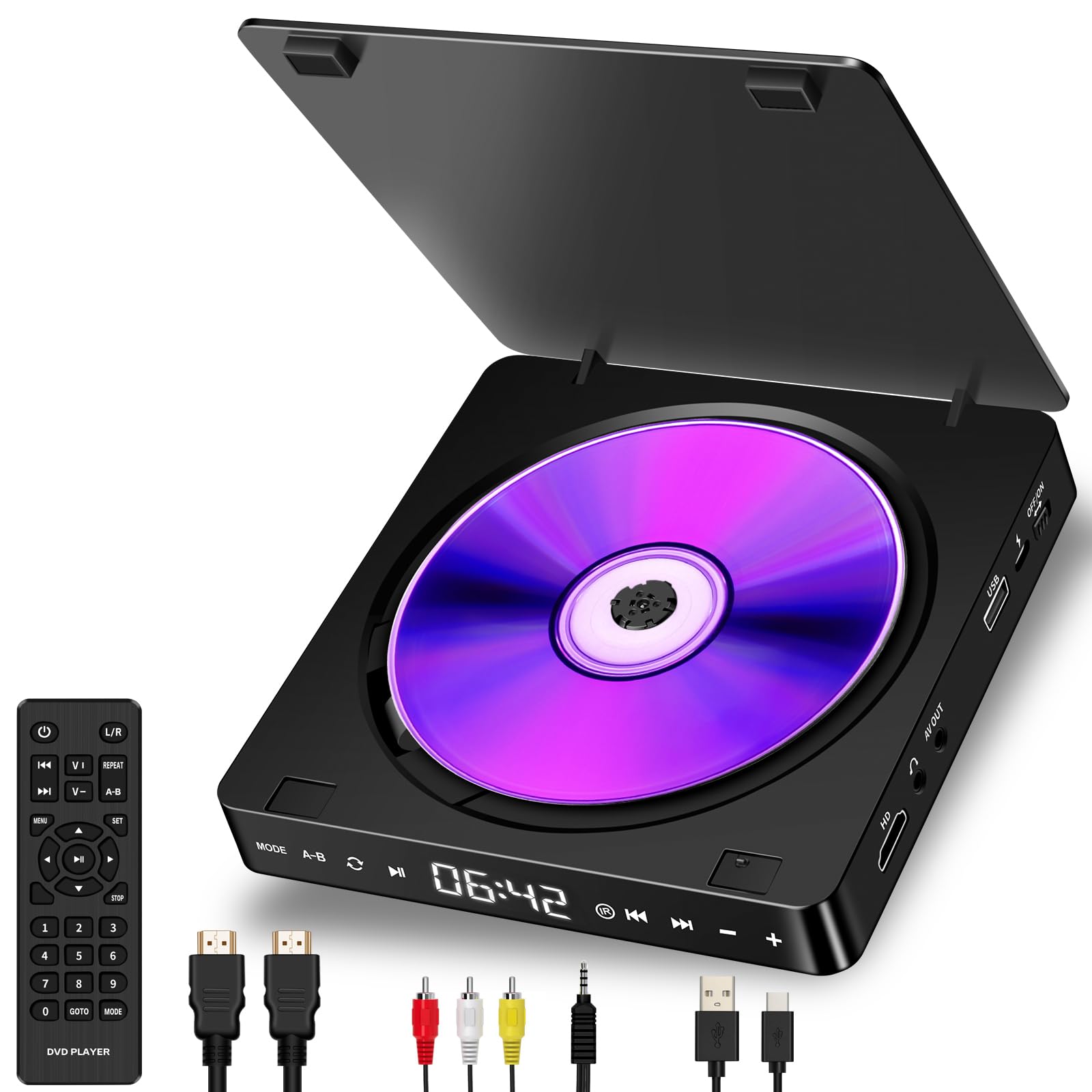 TKMARS Mini Reproductor de DVD(Full HD 1080P, HDMI Output, Entrada USB, MP3,MP4), DVD Portatil Lector CD Externo, Reproductor DVD para TV