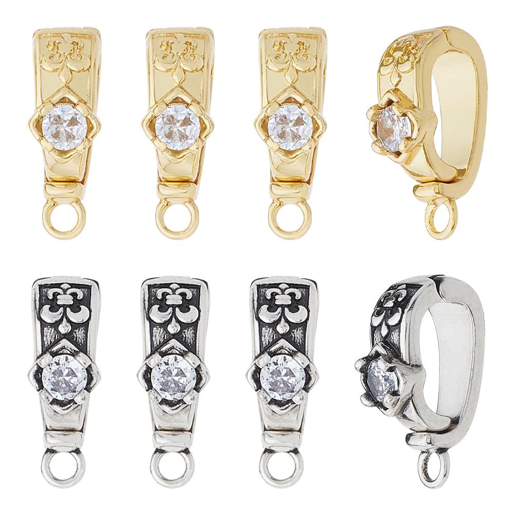 Hobbspring 8pcs Clasp Bail Beads Charms 2 Colors Silver and Golden Pendant Clasp Bail Connector Slider Ring Brass Zirconia Hanger Links Bail for Pendant European Jewelry Making