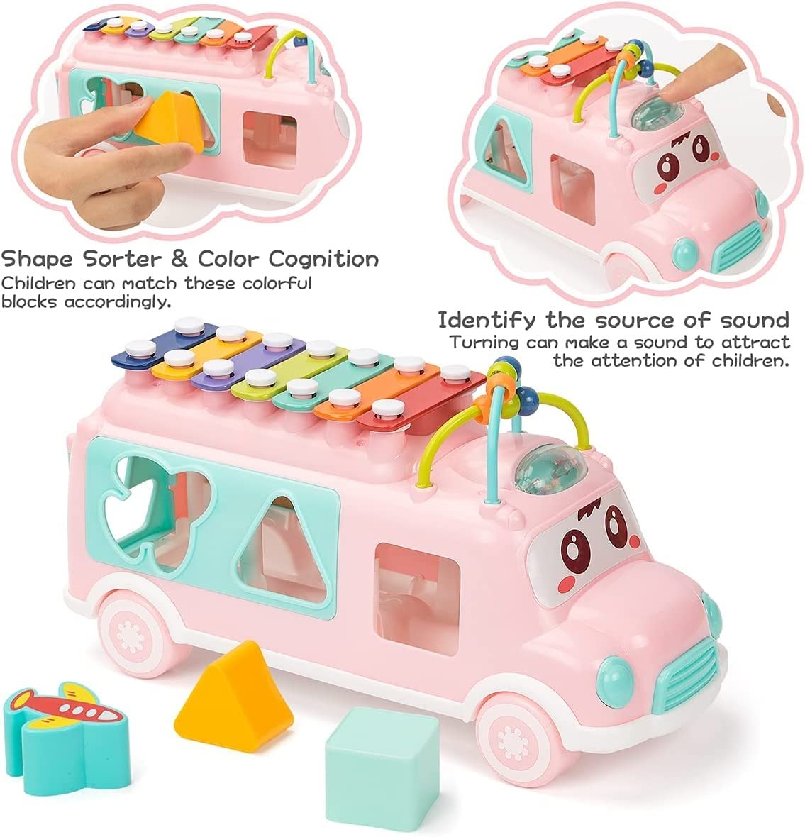 SANTALON Musical School Bus with Piano Toy for Kids Boys & Girls Toys Push & Pull Toys Gifts, Musical Toys for Kids Xylophone Bus for Above 1 Year,ABS Plastic (Multicolor) 1